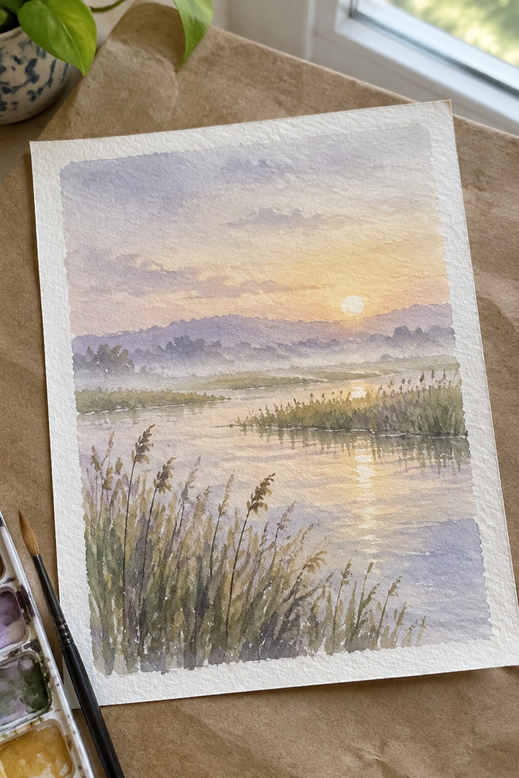 Watercolor painting of misty lakeside sunset with sun reflection, foreground reeds, and paint palette nearby