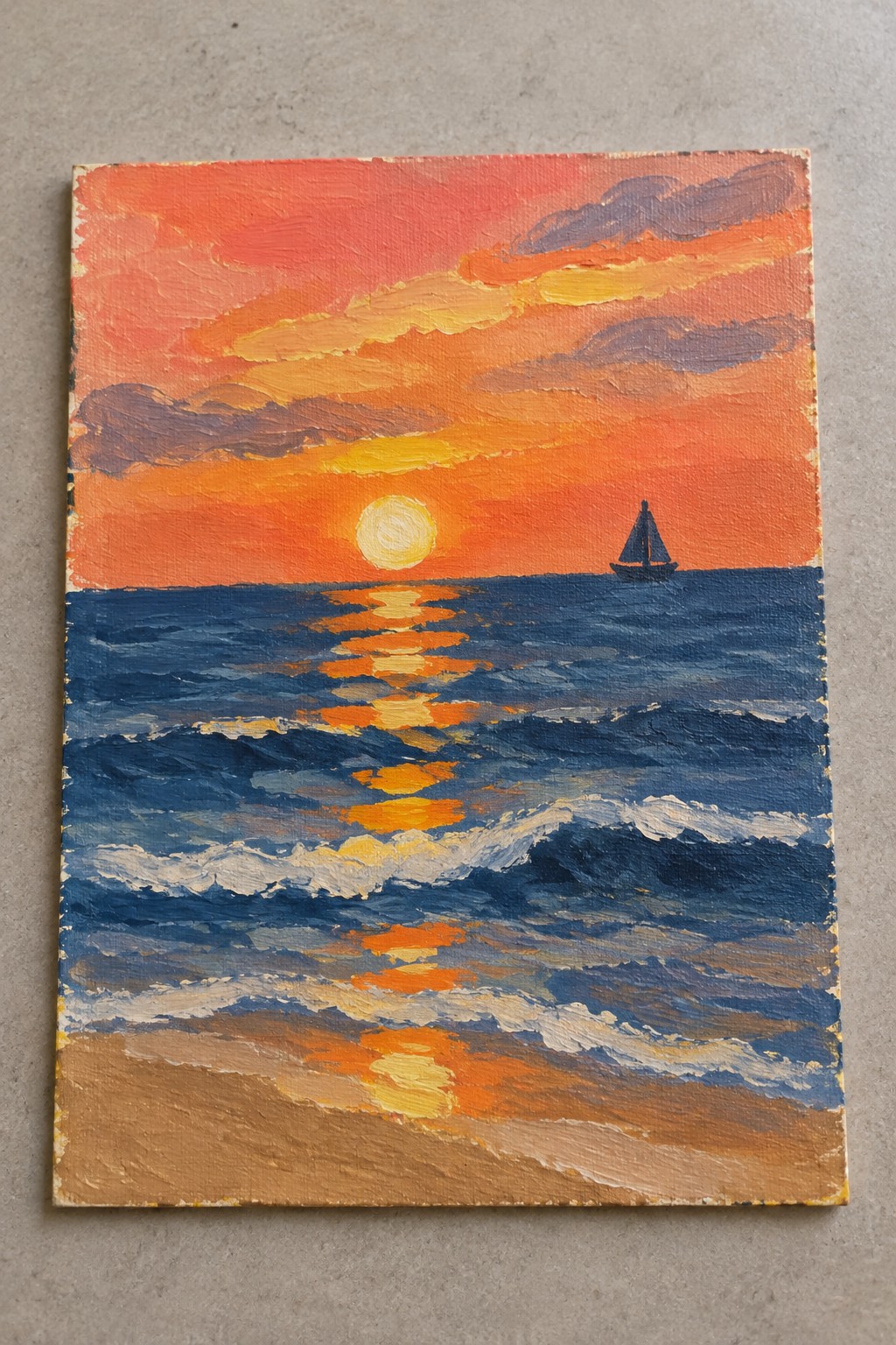 Vibrant oil painting of sunset over ocean with sailboat, orange sky, and reflective waves