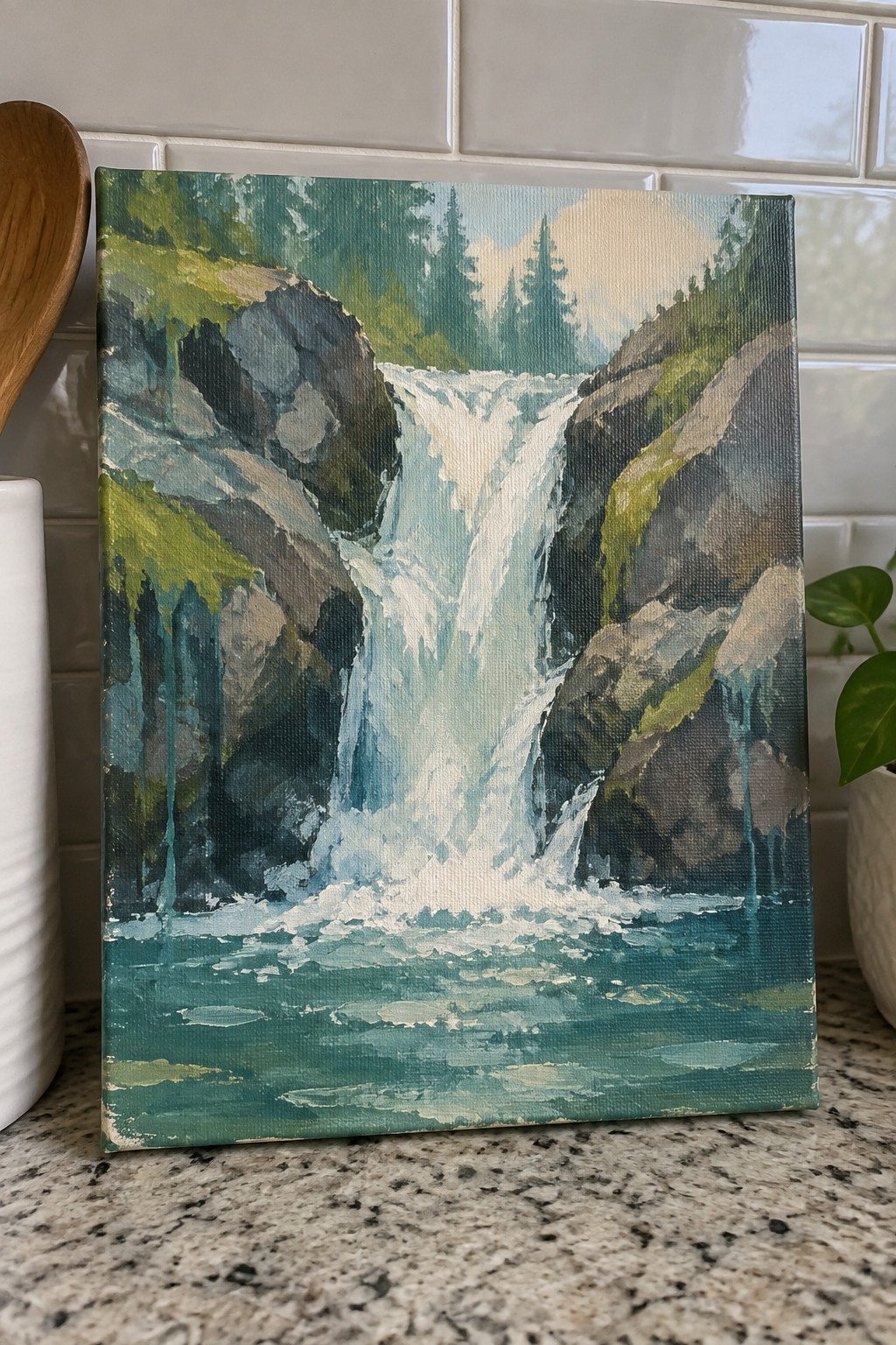 Expressive painting of a cascading waterfall over mossy rocks into a turquoise pool with pines.