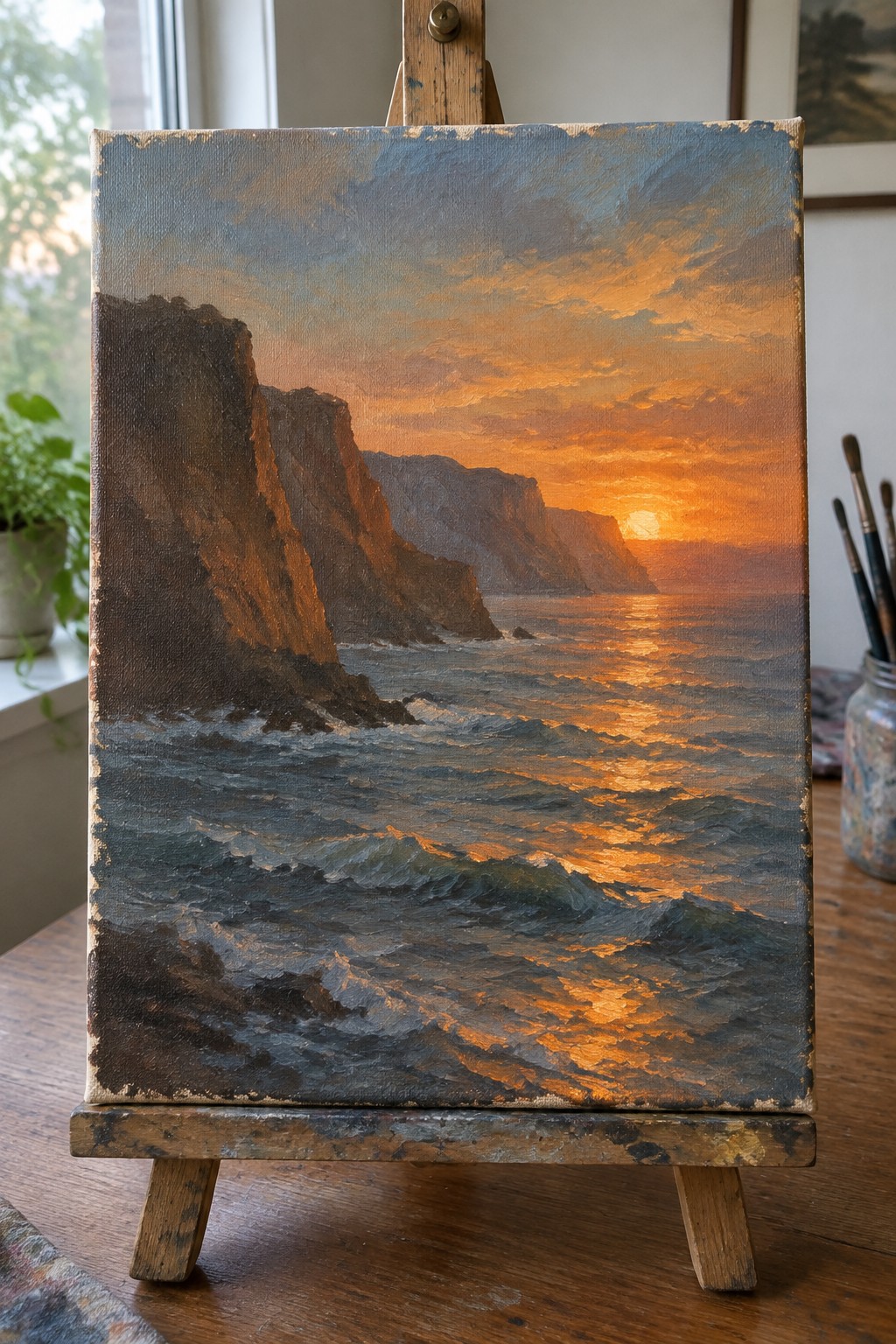 Seascape painting of sunset over cliffs and golden ocean waves on wooden easel.