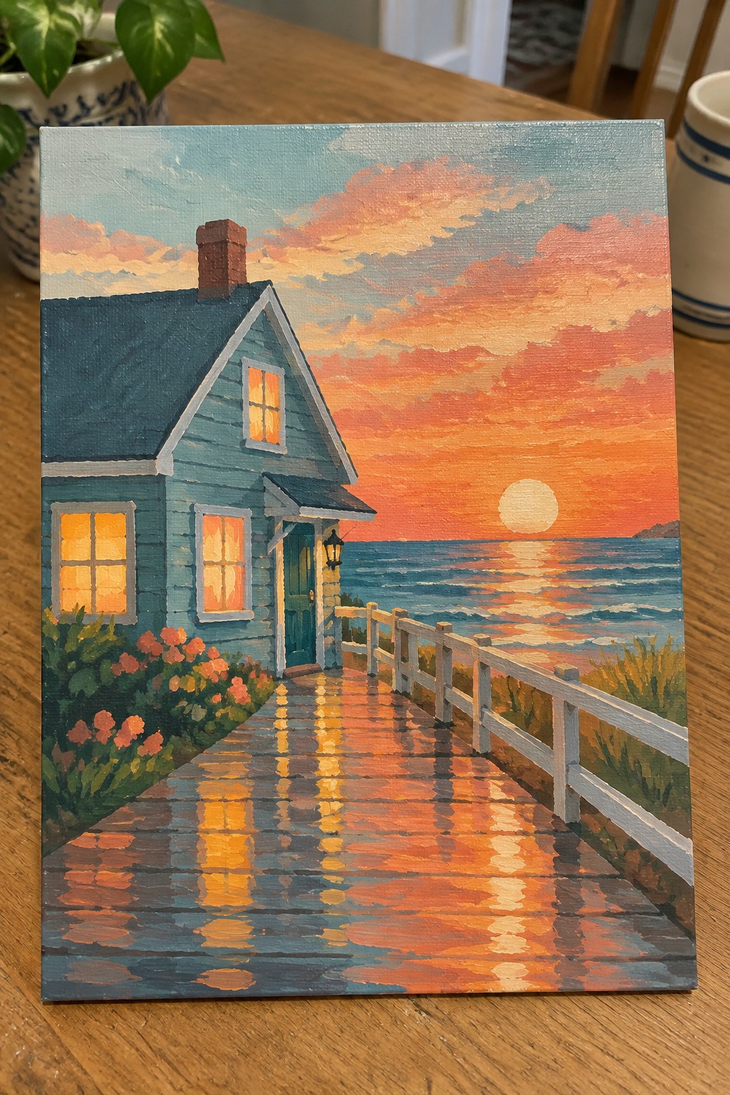 Vibrant painting of blue seaside house at sunset with glowing windows and reflective boardwalk.