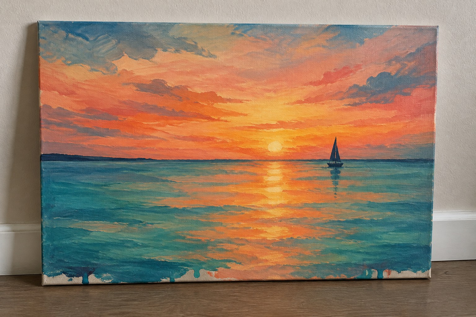 Colorful oil painting of sailboat silhouetted on calm sea under vibrant orange-pink sunset sky
