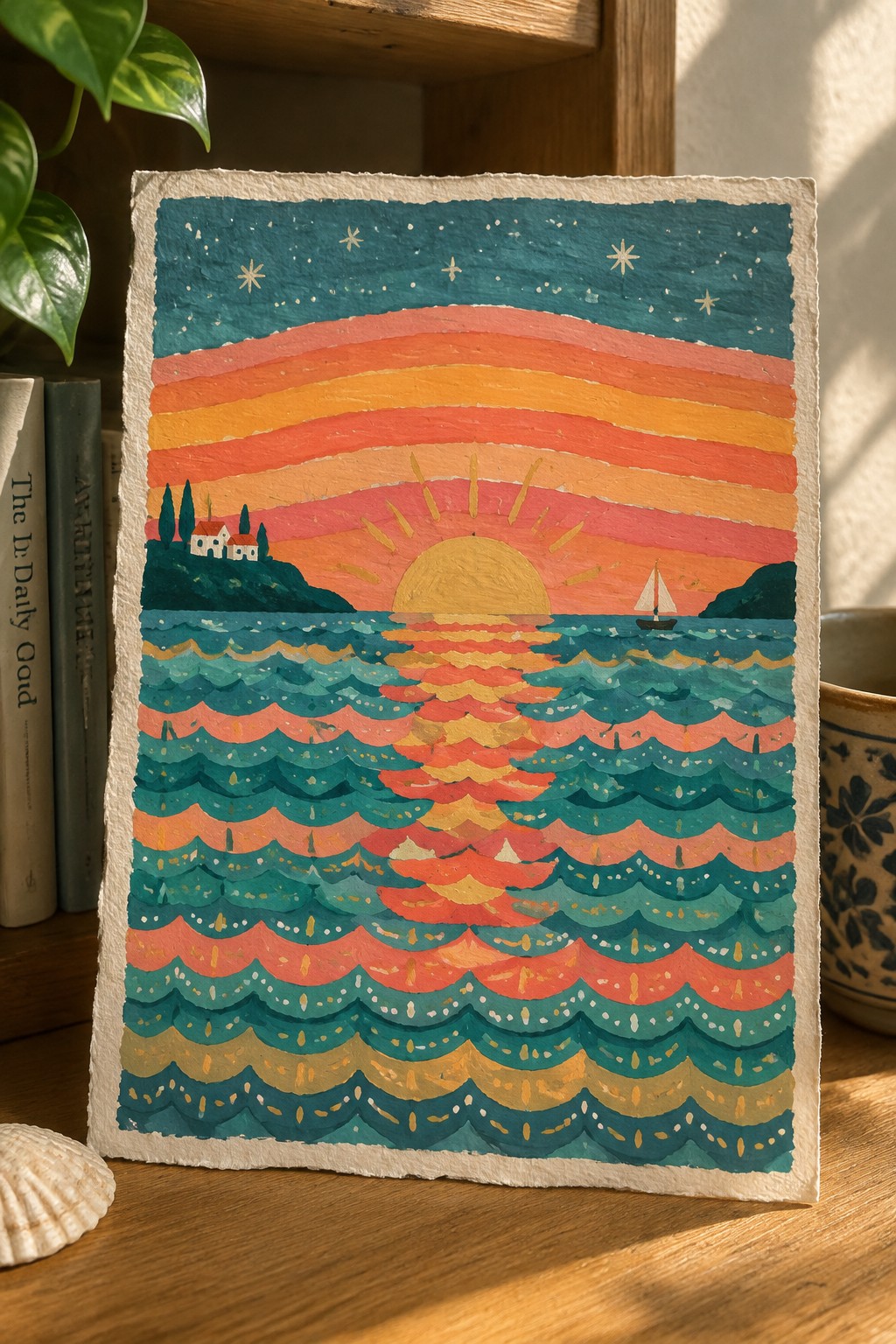 Vibrant rainbow sunset painting over wavy ocean with sailboat and hillside village.