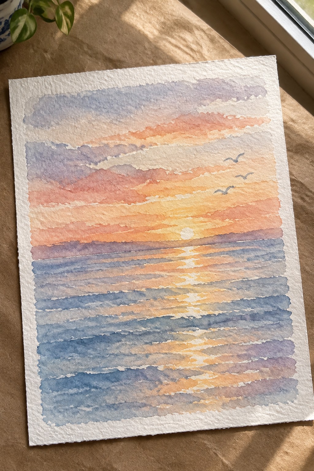 Watercolor sunset over ocean with layered orange clouds, sun, birds, and waves.