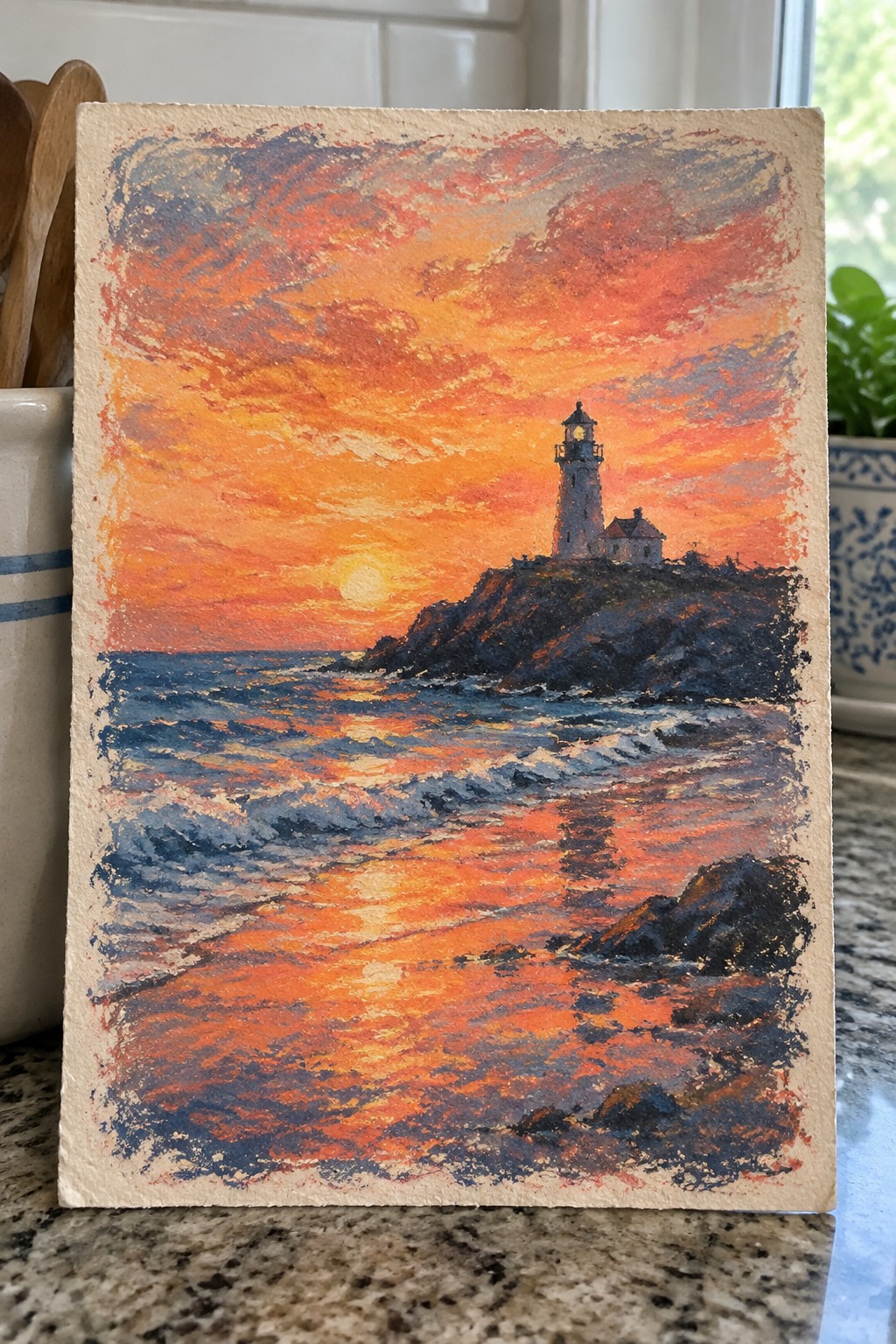 Vibrant sunset painting of lighthouse on rocky cliff with orange sky and ocean reflections