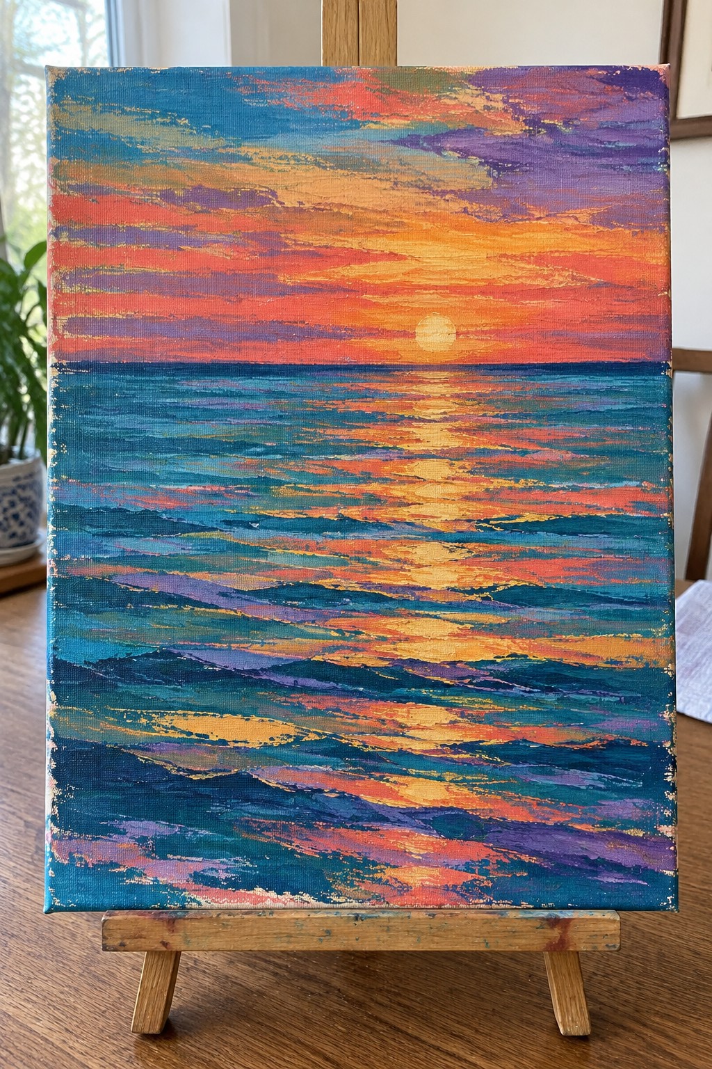 A vibrant painting of an ocean sunset with the sun low on the horizon and warm colors reflected across layered waves, shown on a wooden easel.