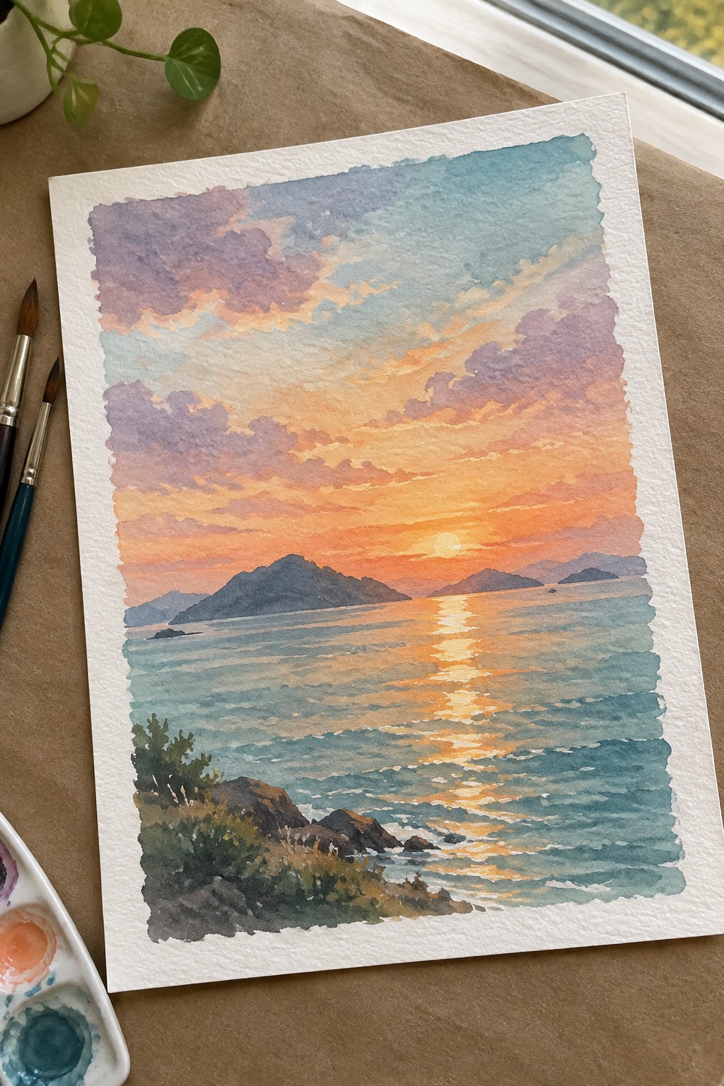 Watercolor sunset seascape painting with brushes and palette on brown surface.