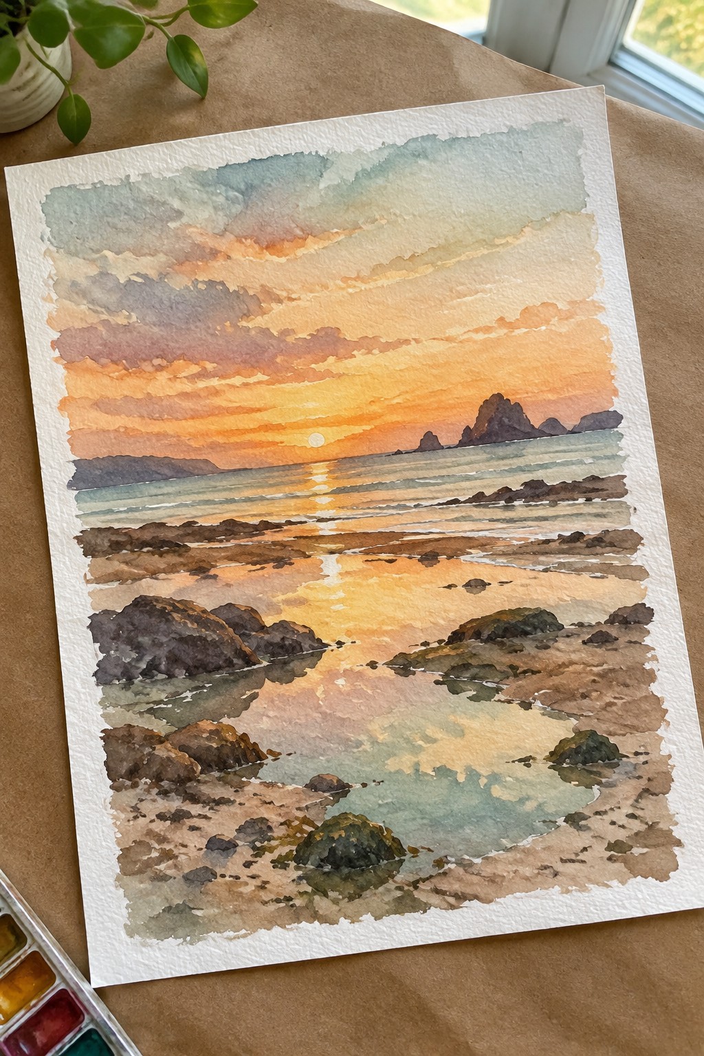 Watercolor painting of an ocean sunset with orange-pink sky, sun reflection on water, and dark rocks scattered across wet sand.