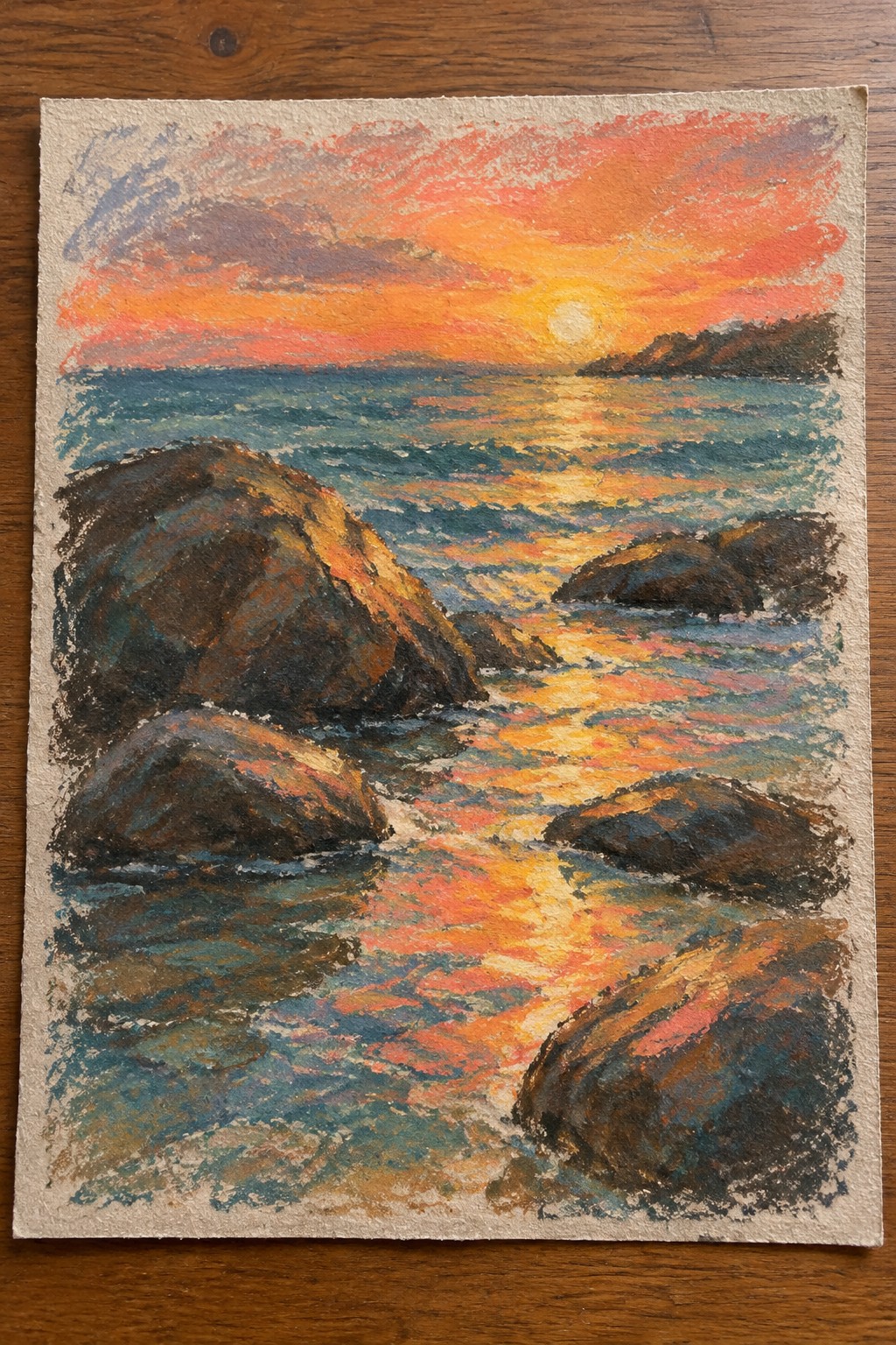 Vibrant pastel seascape of sunset over ocean with dark rocks and colorful waves