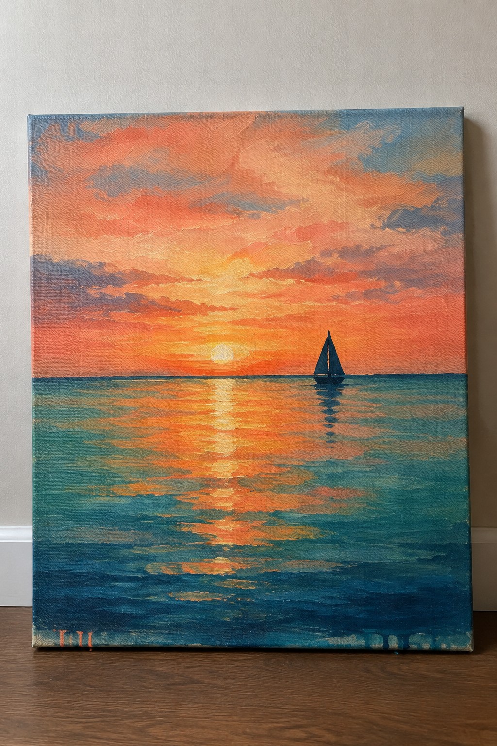 Colorful oil painting of sailboat silhouetted on calm sea under vibrant orange-pink sunset sky