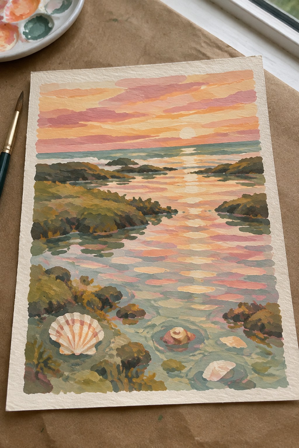 Watercolor seascape of sunset over reflective water with islands, seashell, palette and brush