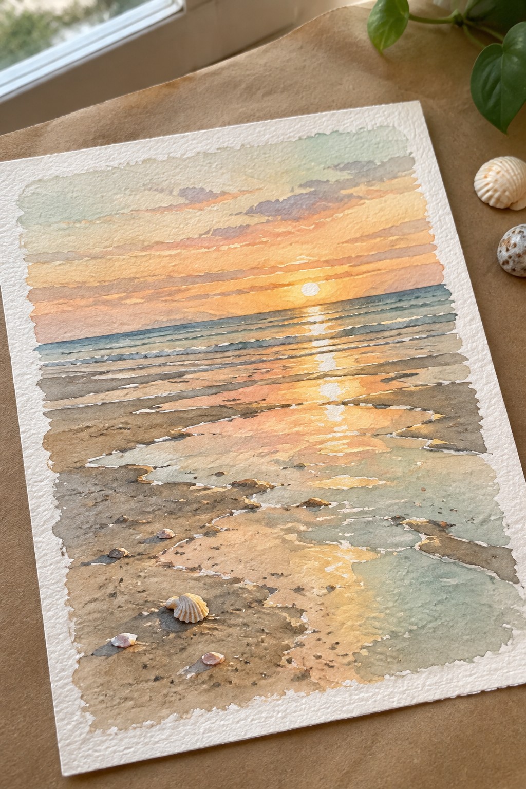 Vibrant watercolor sunset over ocean with orange sky, wet sand, and scattered seashells