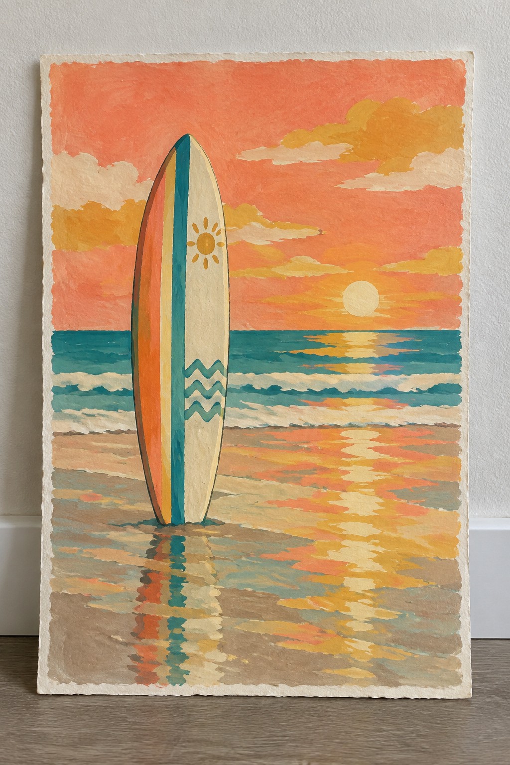 Colorful striped surfboard standing on beach at vibrant ocean sunset