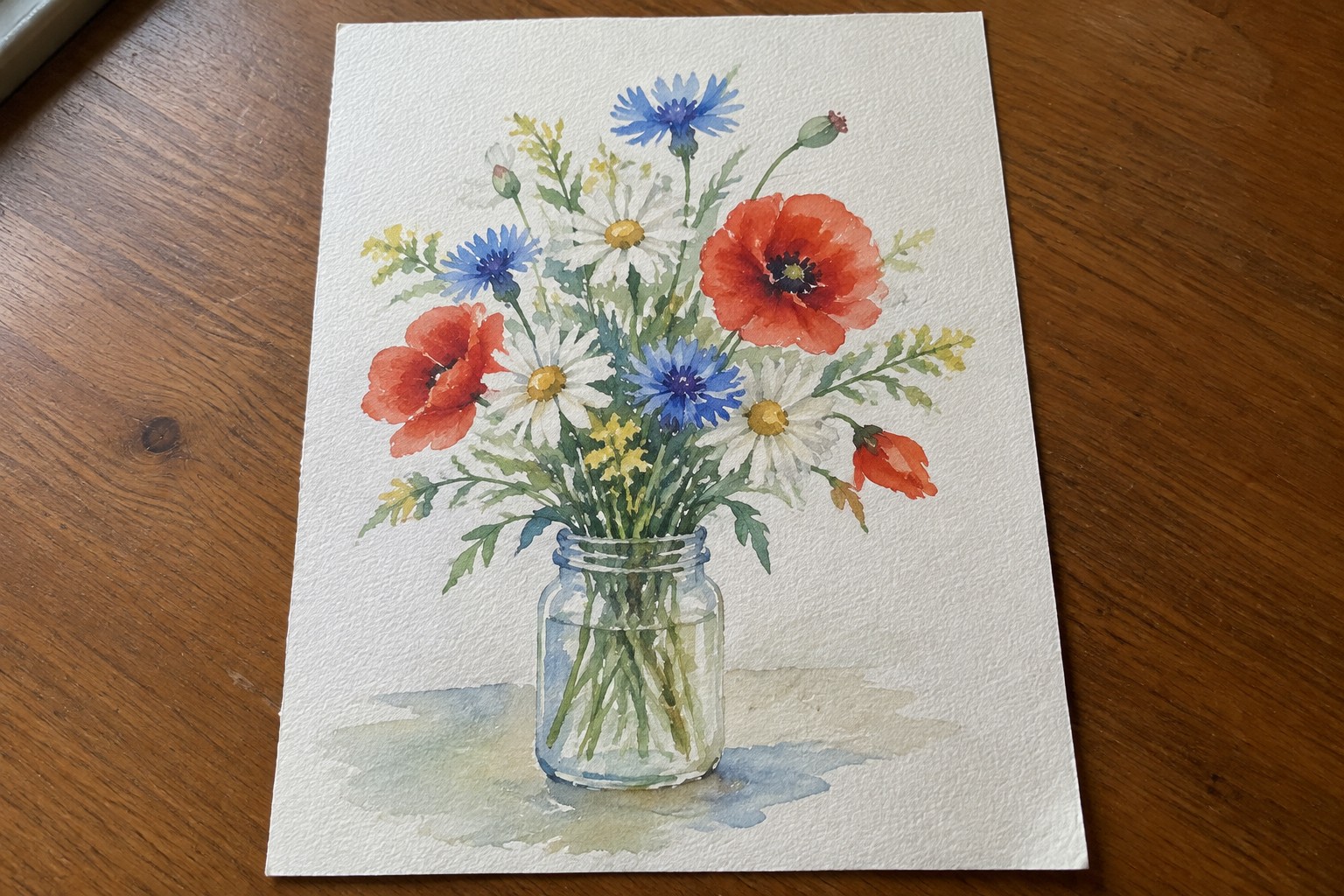 Watercolor of red poppies, blue cornflowers, and white daisies in a glass mason jar.
