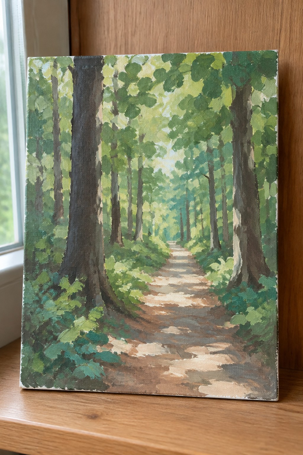 Impressionistic painting of sunlit dirt path winding through lush green forest trees