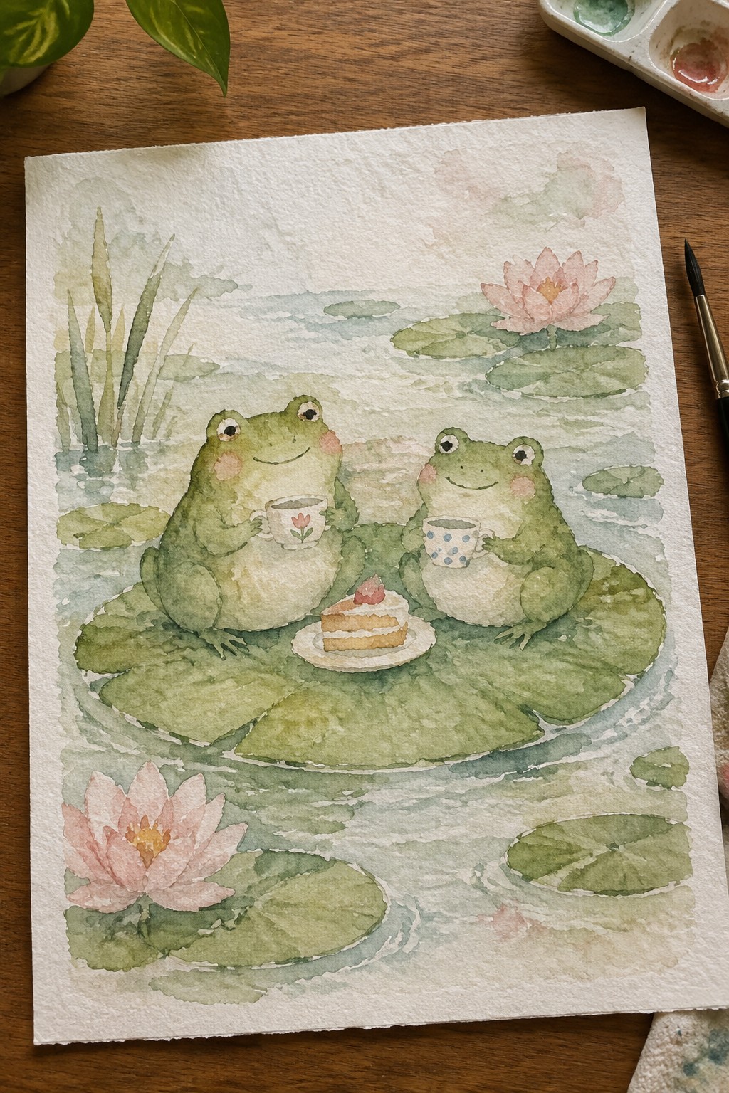 Two frogs sip tea and share cake on lily pads in a soft watercolor pond scene