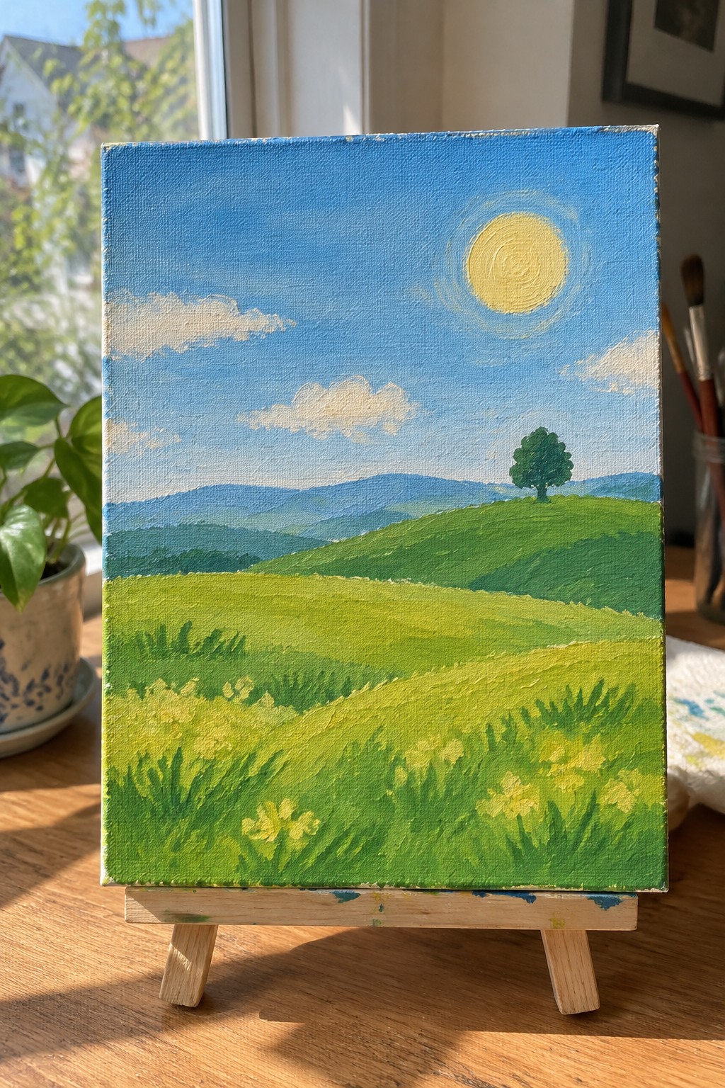 Vibrant landscape painting of green hills, yellow flowers, and sun on wooden easel