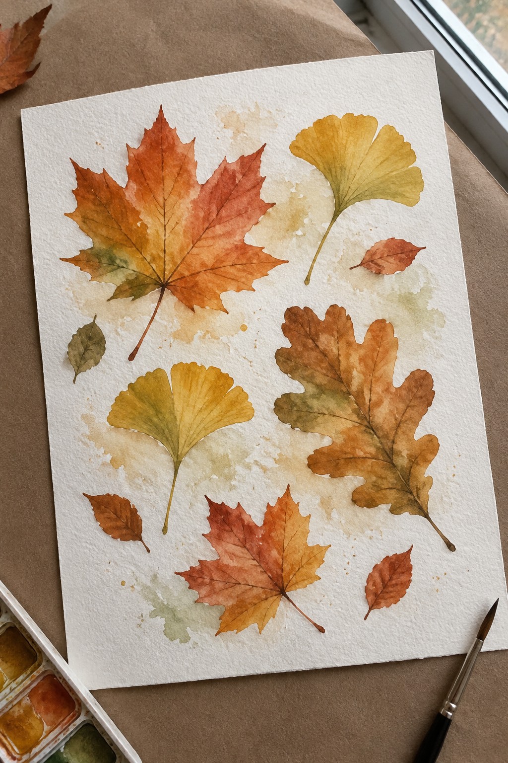 Watercolor autumn leaves in orange and yellow hues on white paper with paintbrush