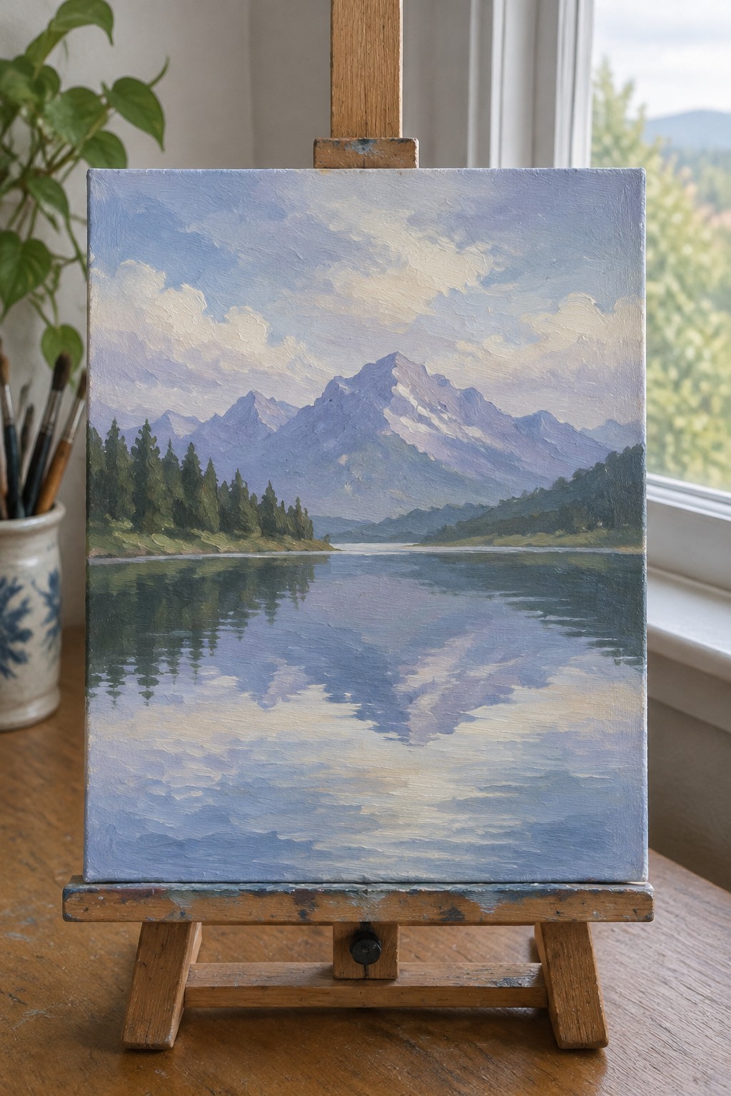 Mountain landscape oil painting with lake reflections on wooden easel by window