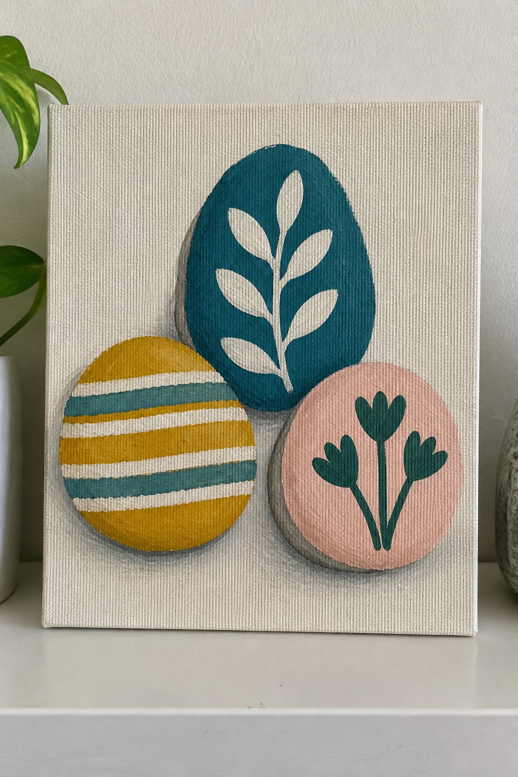 Abstract painting on canvas with yellow striped, teal leafy, and pink floral circles