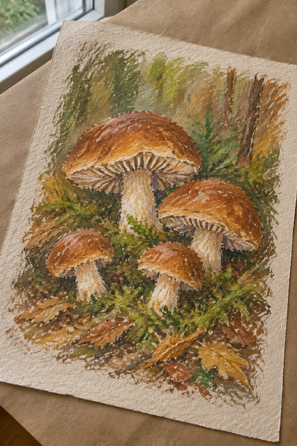 Watercolor painting of brown mushrooms amid moss and fallen leaves in a forest