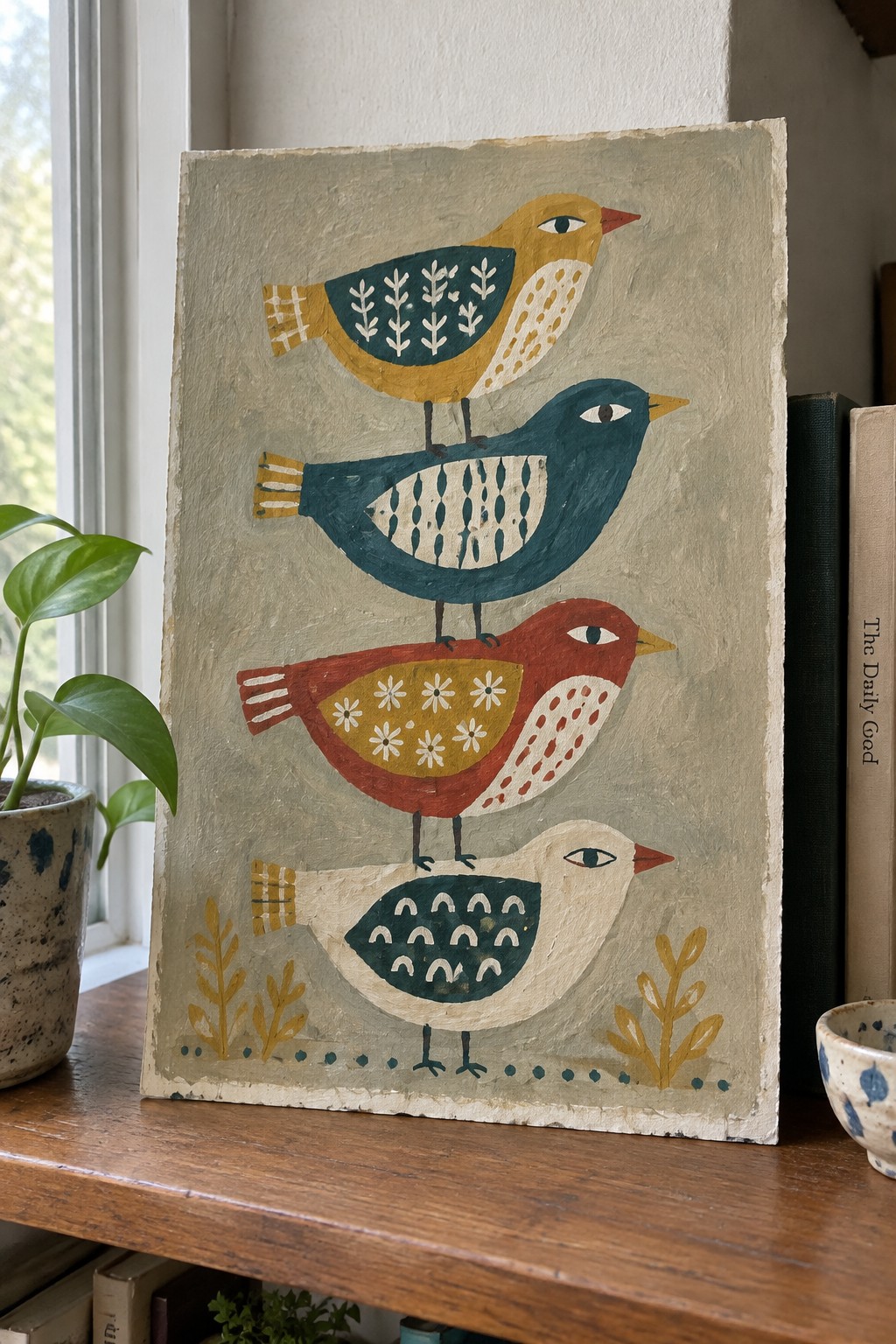 Four stacked folk-art birds in yellow, teal, red and cream on canvas