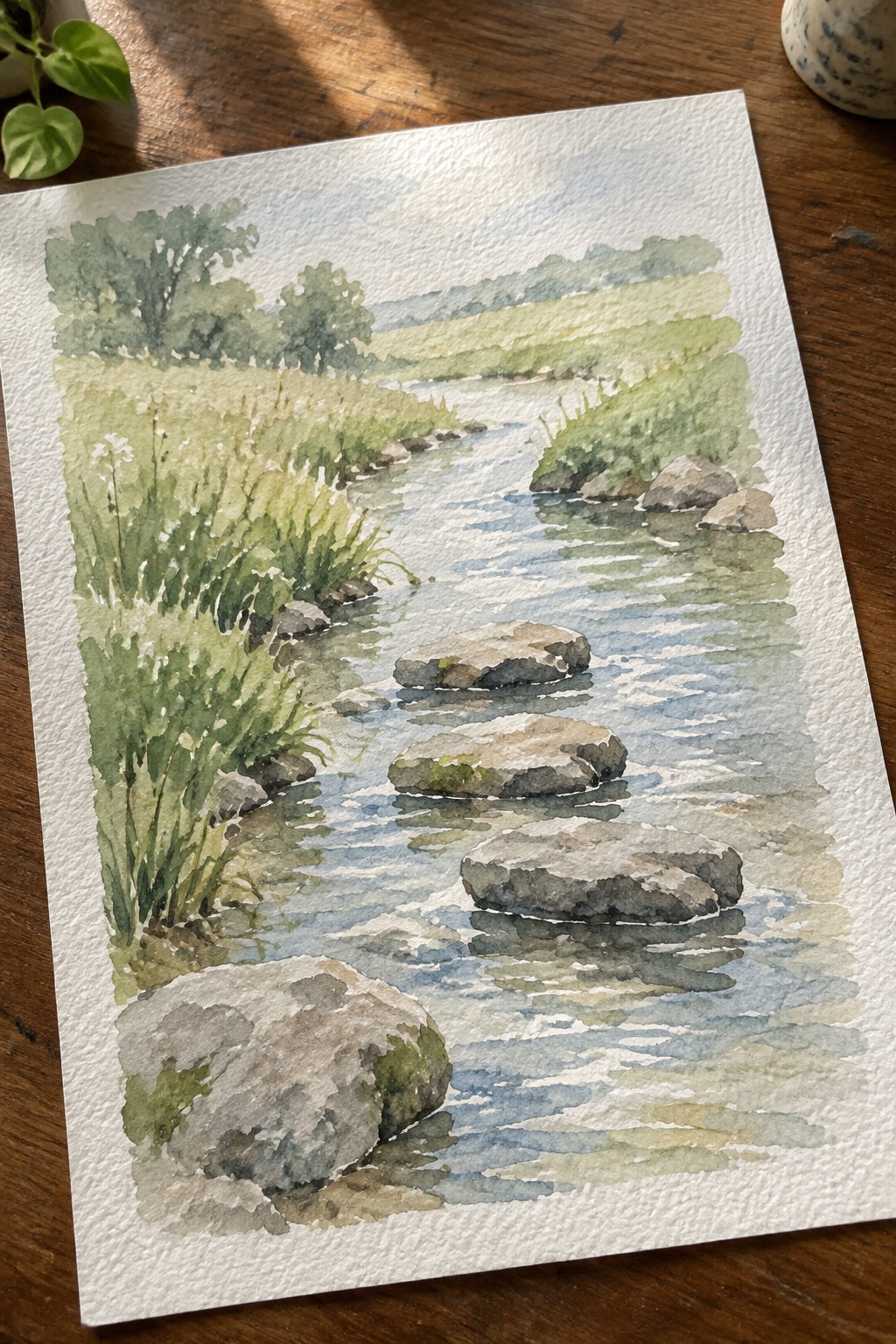 Watercolor of stepping stones crossing a blue stream with grassy banks and trees