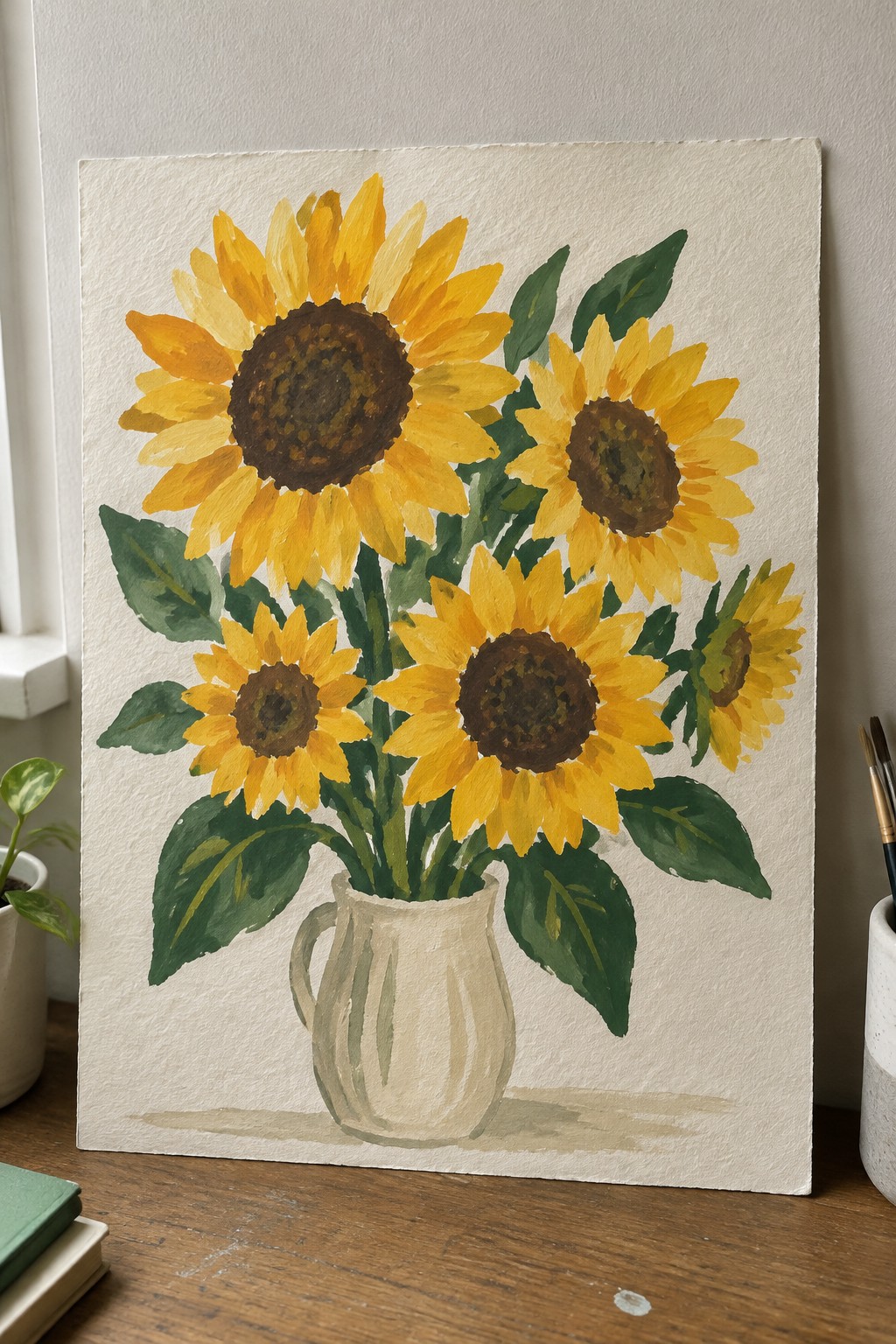 Watercolor painting of yellow sunflowers in a white pitcher on a wooden table.