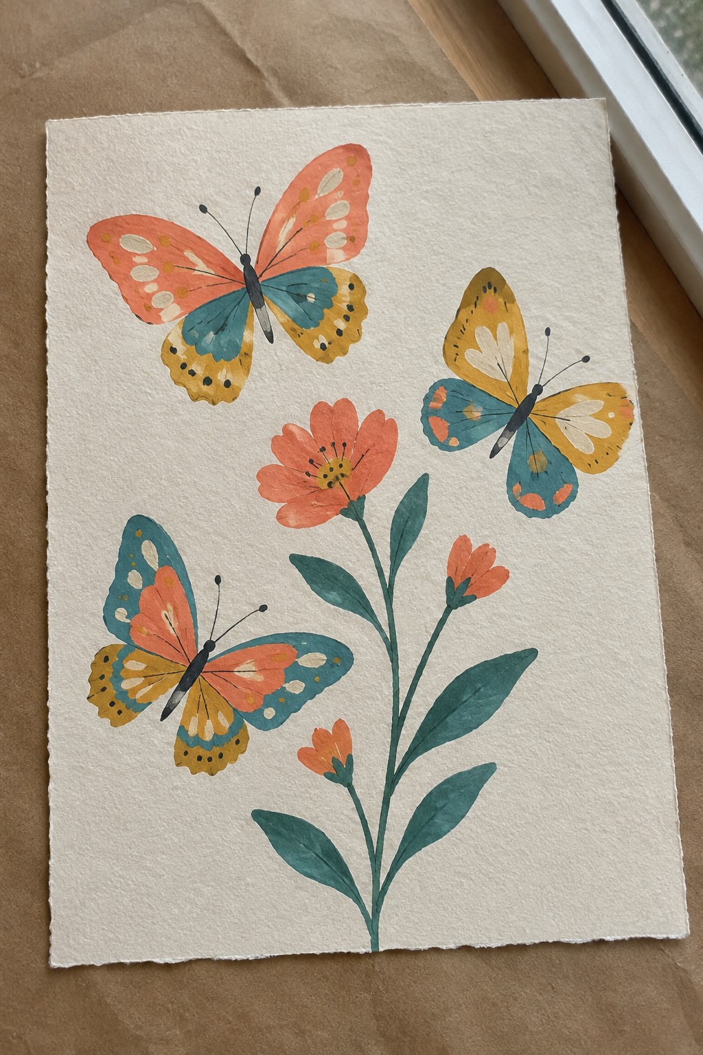 Watercolor painting of three colorful butterflies and orange flowers with green leaves