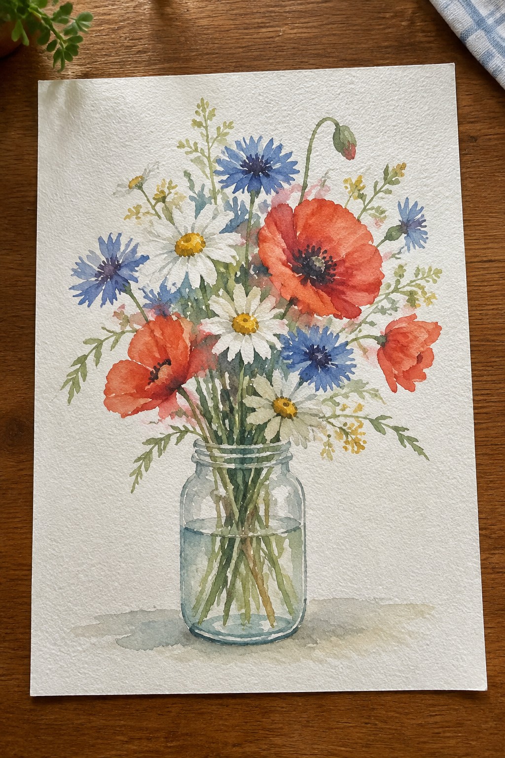 Watercolor of red poppies, blue cornflowers, and white daisies in a glass mason jar.