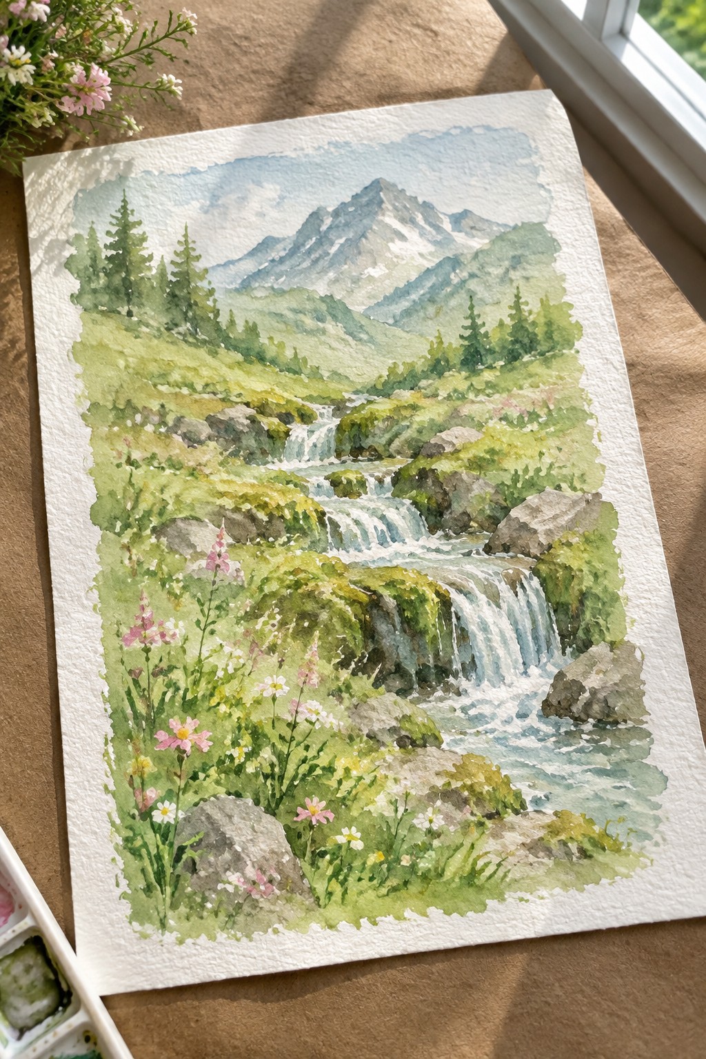 Watercolor landscape of cascading stream, wildflowers, and snow-capped mountains in green valley