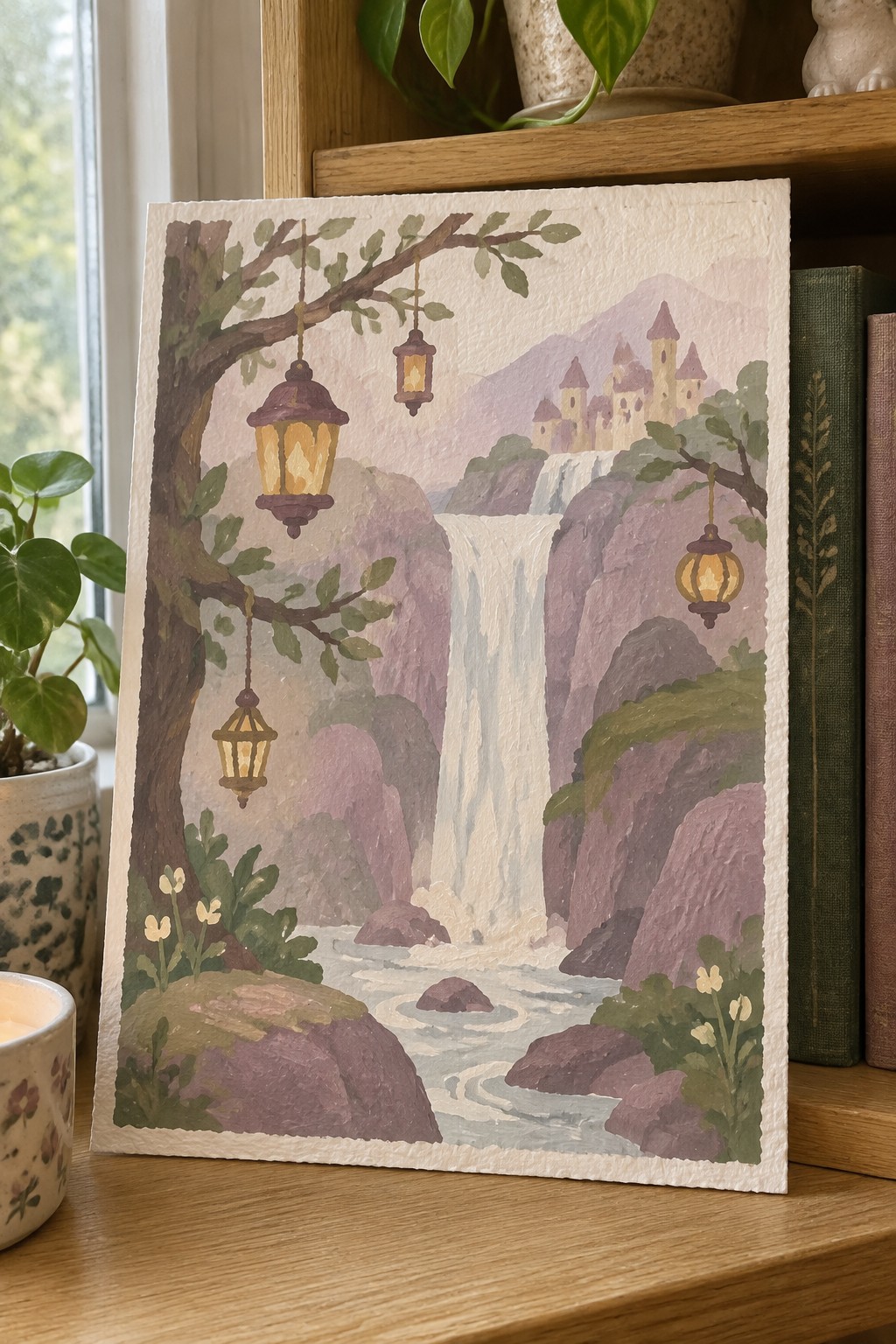 Watercolor painting of glowing lanterns, waterfall, and castle amid purple mountains