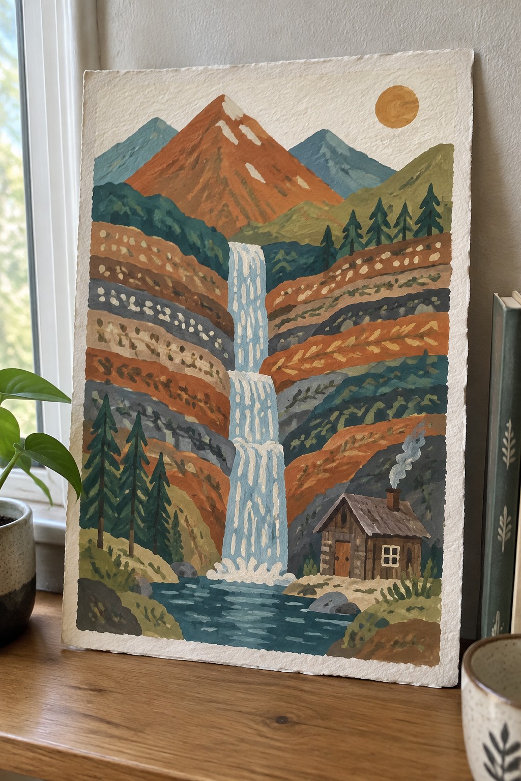 Vibrant folk-style painting of mountain waterfall, pine trees, log cabin with smoke, and orange sun