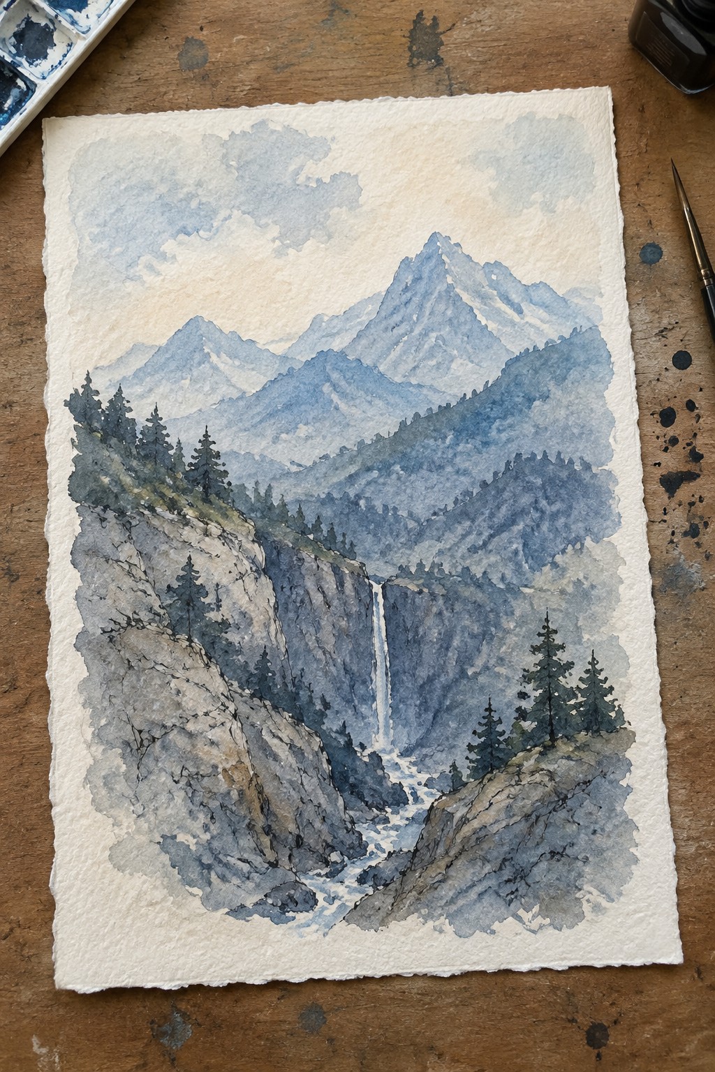 Watercolor of misty blue mountains with waterfall, cliffs, and pines beside palette and brush