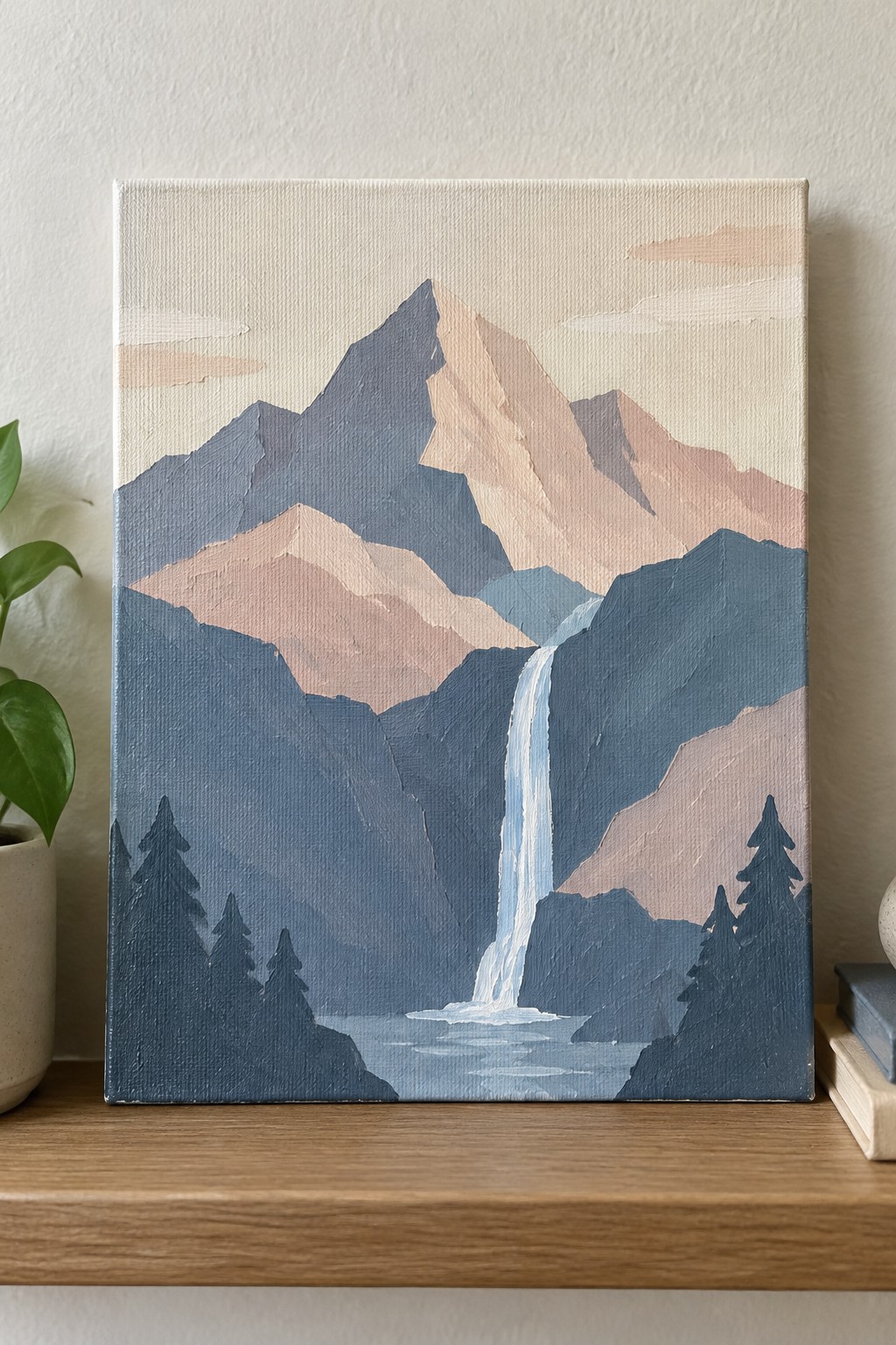 Mountain landscape painting with waterfall, blue peaks, pink tones, and pine trees