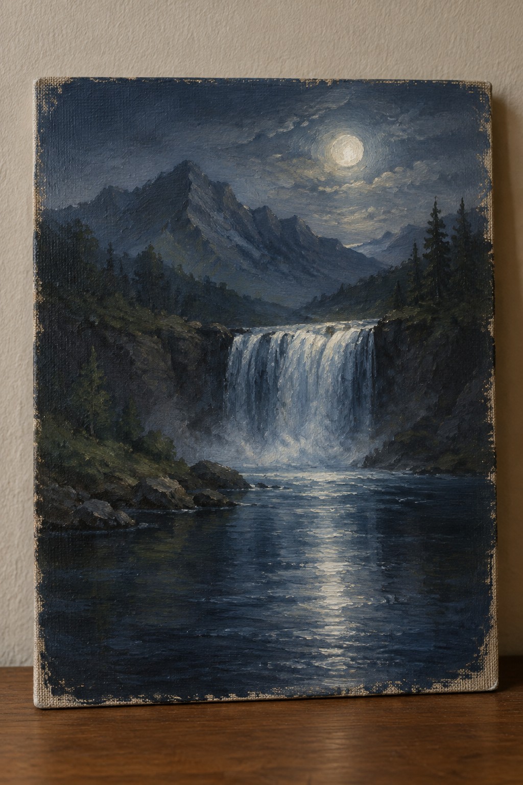 An oil painting of a large waterfall at night with mountains behind it and a full moon reflecting on the river below.