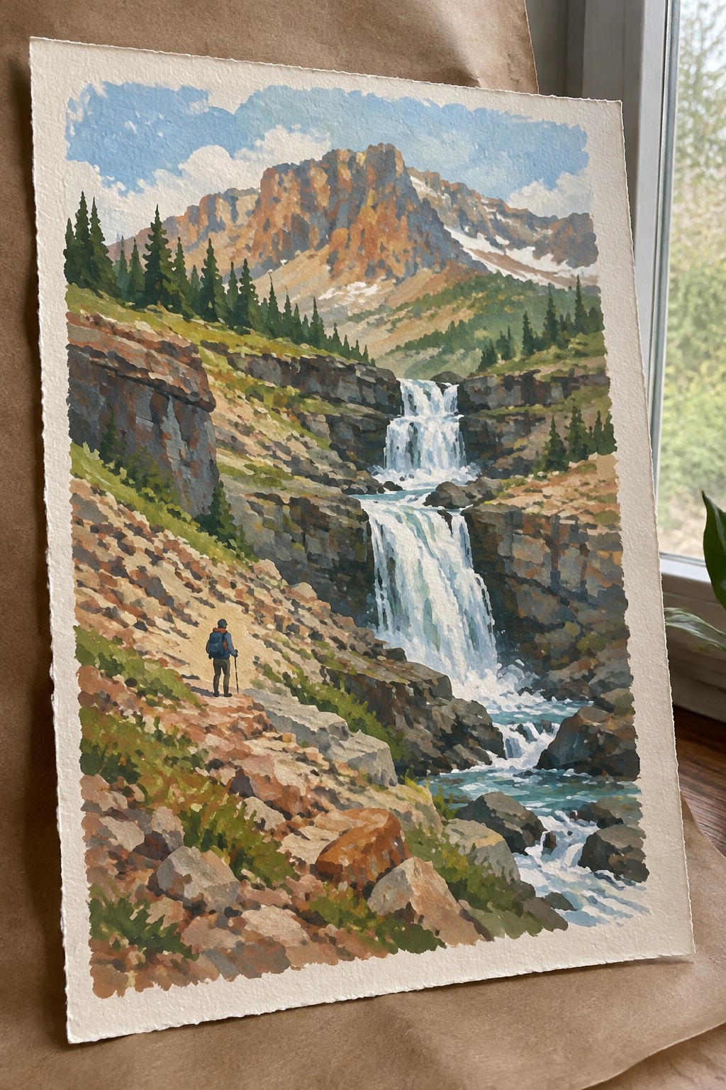 Watercolor of backpacker on rocky trail by cascading waterfall with distant mountain peaks.
