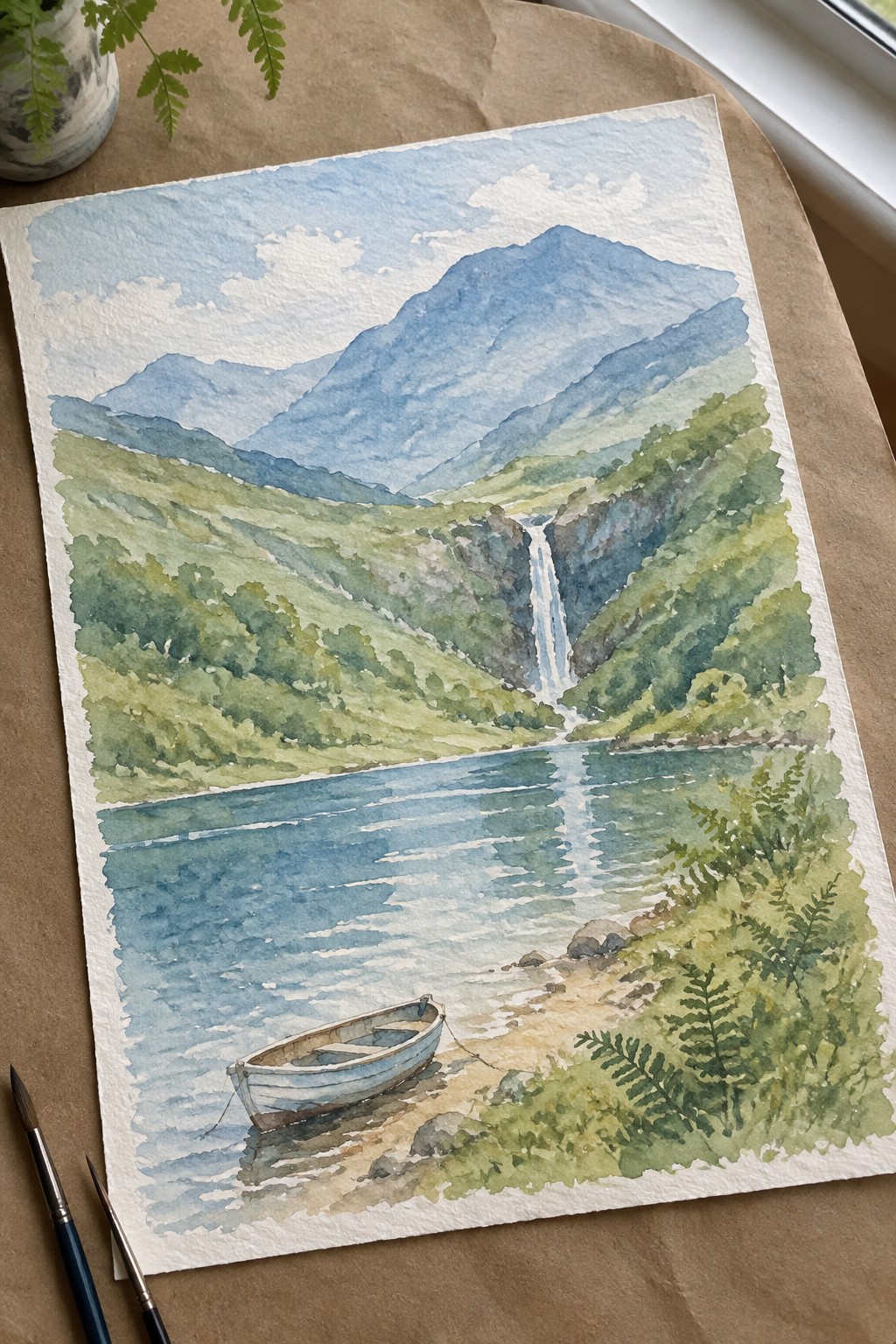 Watercolor landscape of mountain waterfall, blue lake, rowboat on shore with paintbrushes.