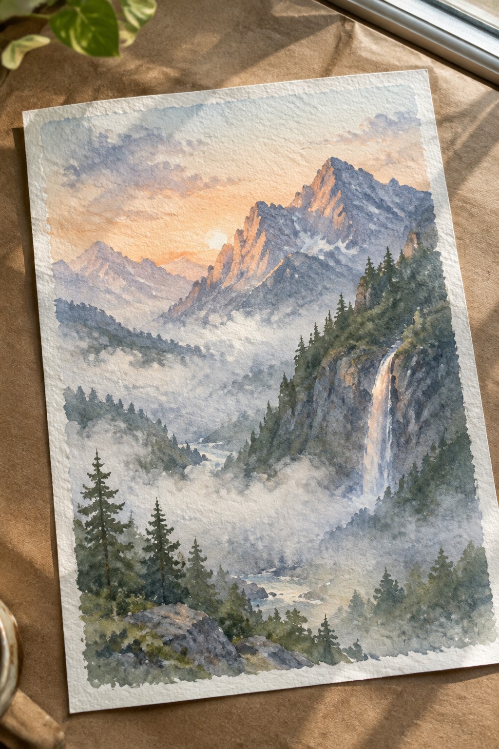 Watercolor painting of misty mountains, cascading waterfall, and pine trees at sunrise