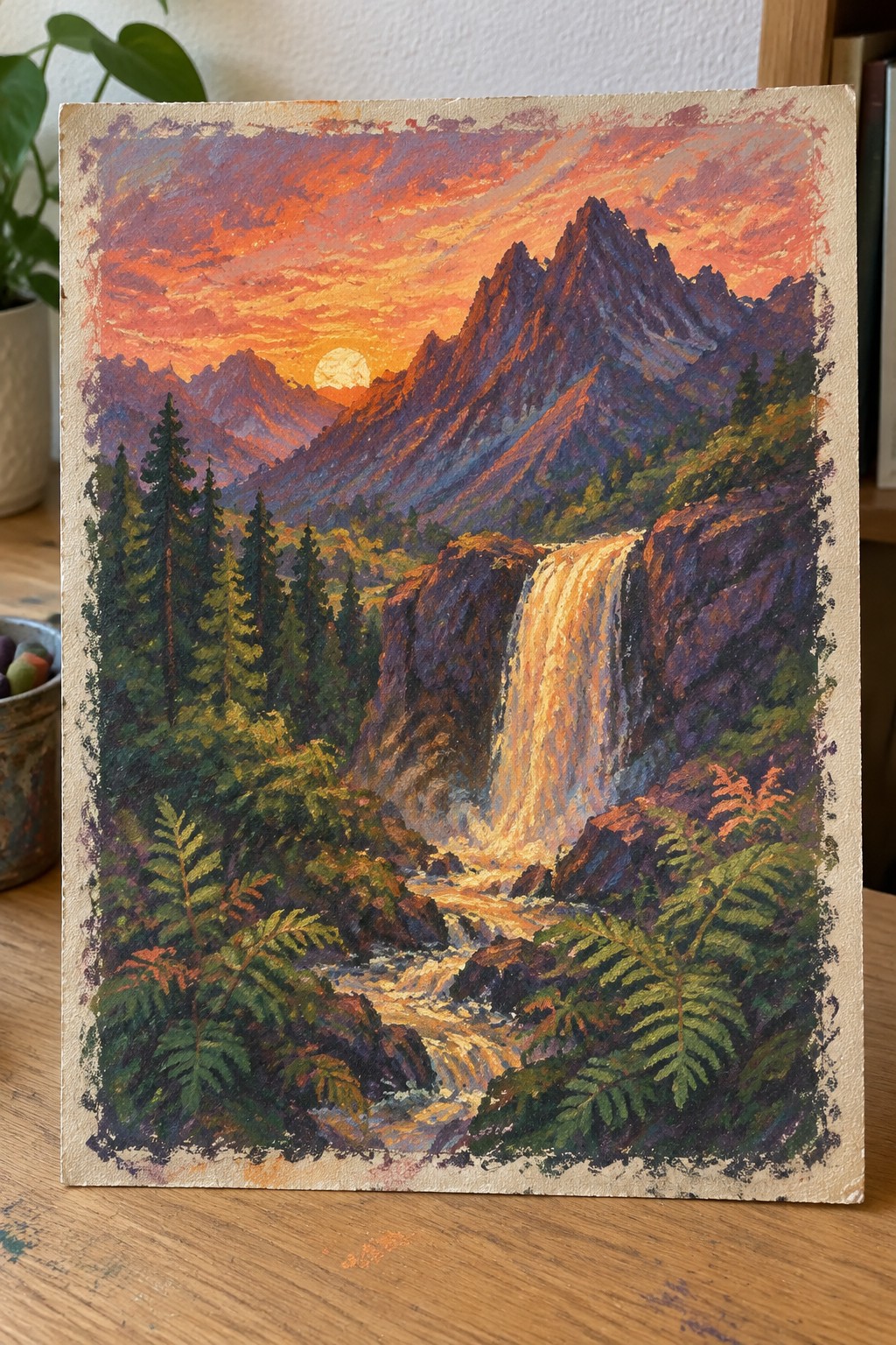 Vibrant sunset painting of jagged mountains, cascading waterfall, river, and pine forest.