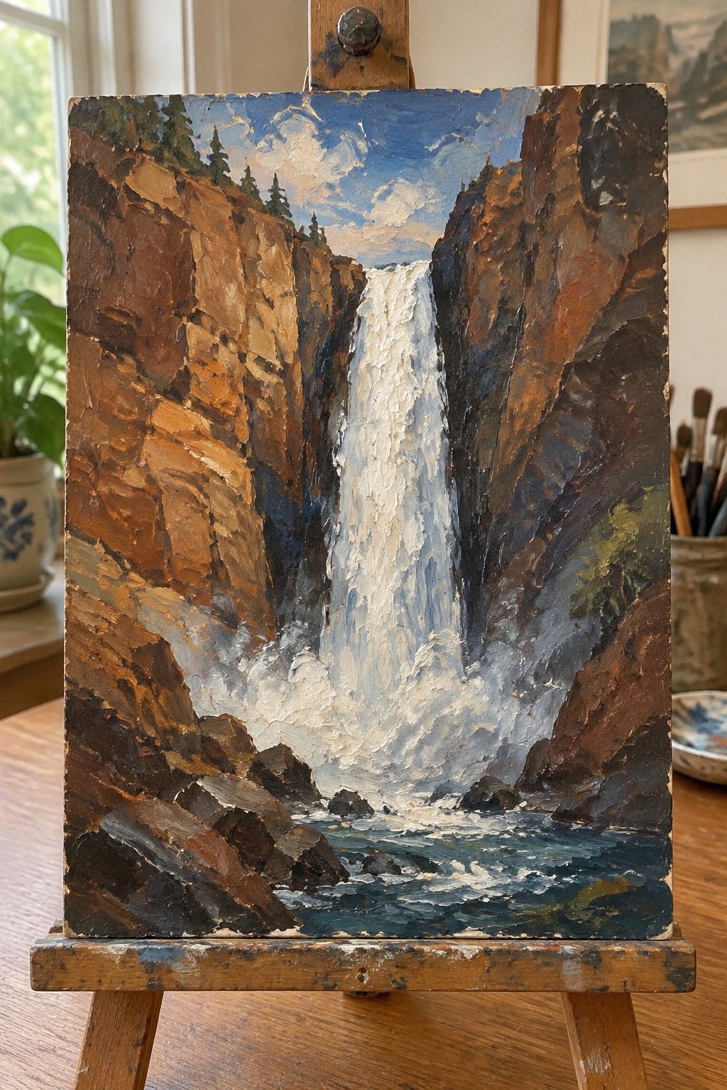 Impasto oil painting of waterfall cascading between steep brown cliffs on easel.