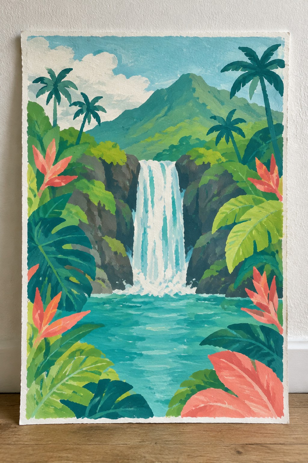 Vibrant painting of a waterfall cascading into a turquoise pool amid tropical foliage