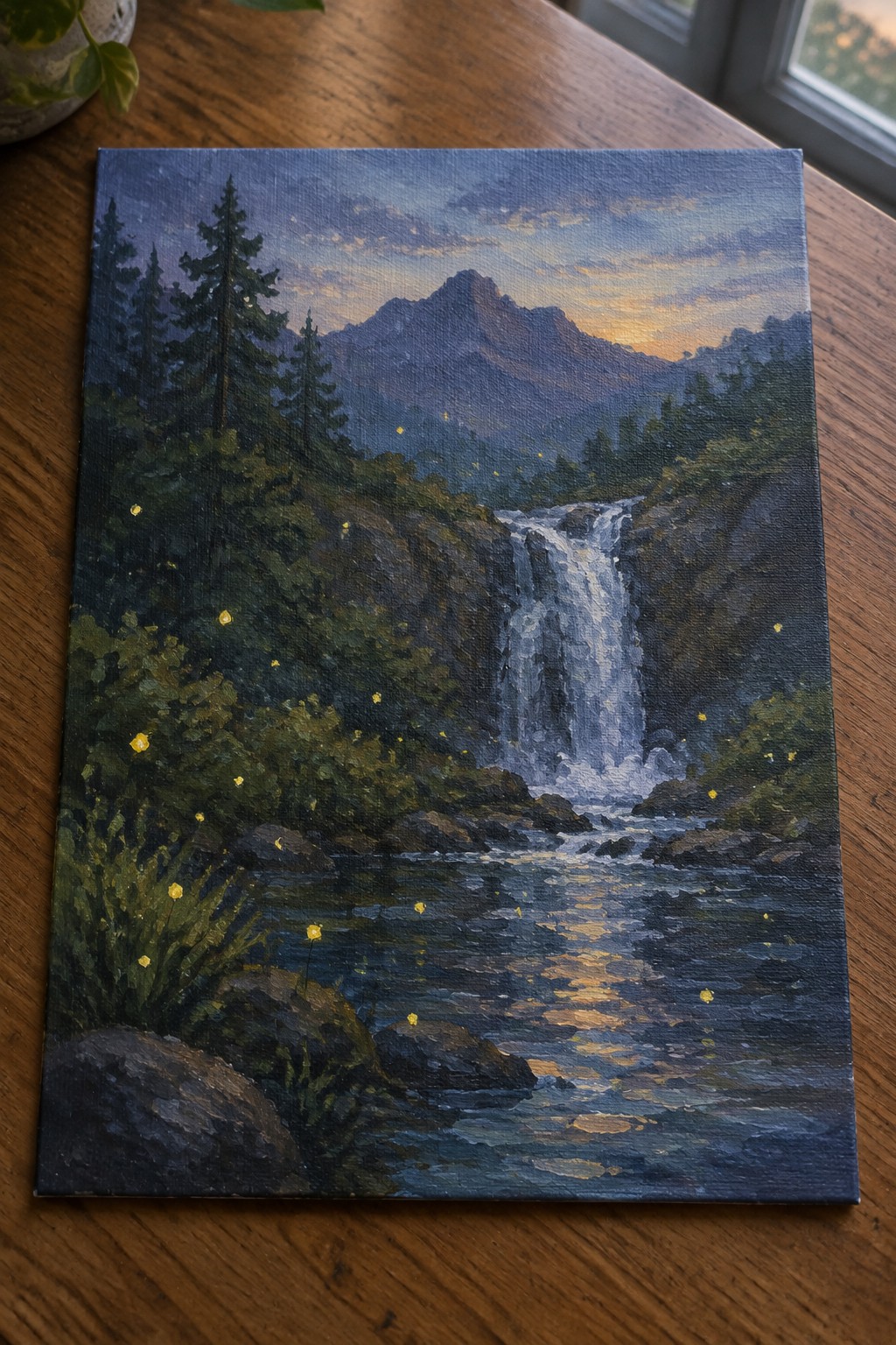 Oil painting of twilight waterfall cascading into river, glowing fireflies amid pine trees and mountains.