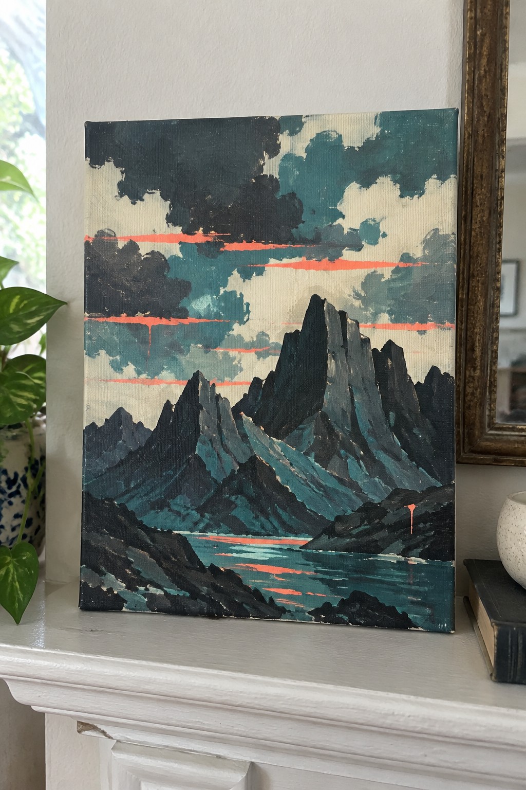 Canvas painting of jagged teal mountains and lake beneath stormy clouds with red streaks
