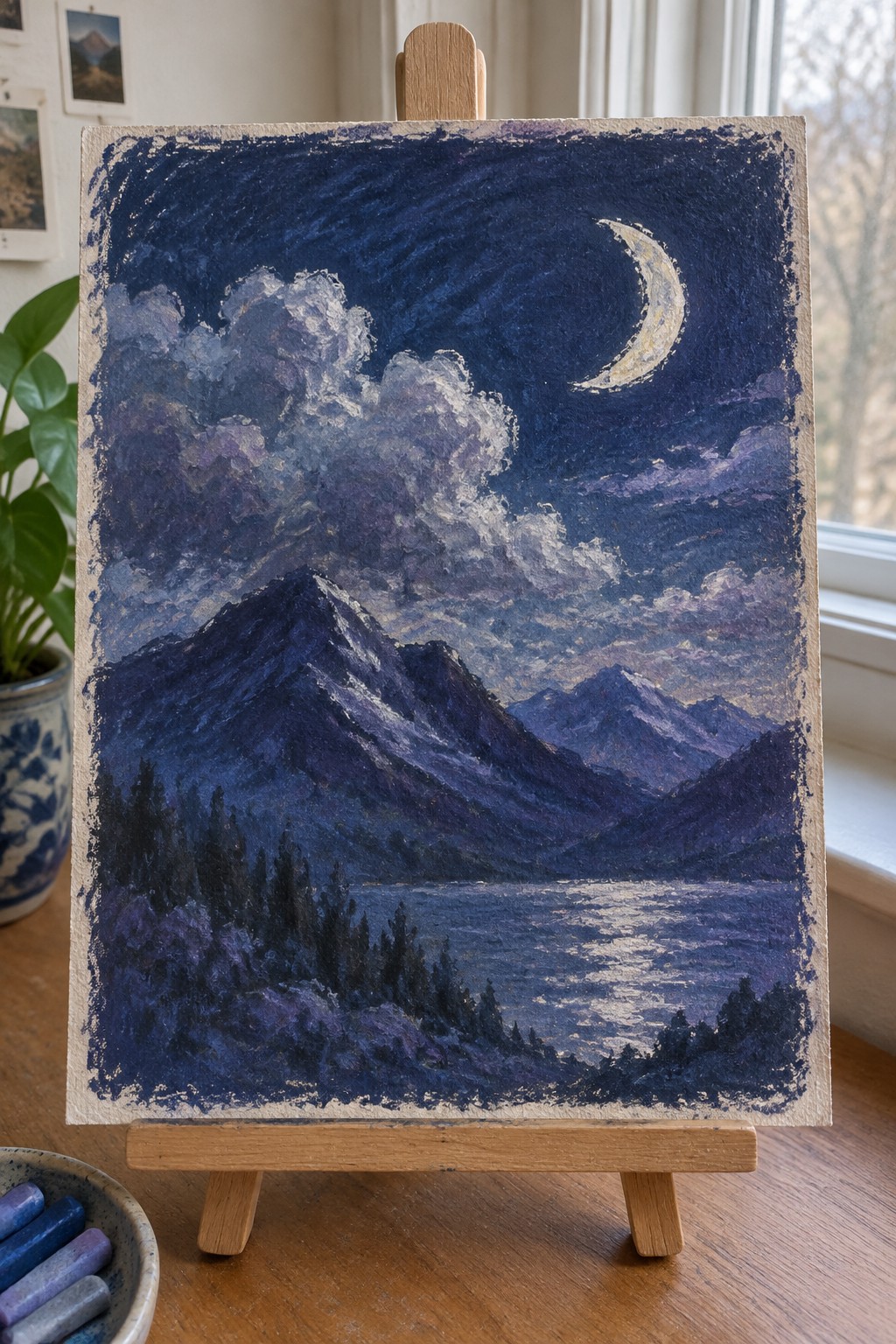 Nocturnal mountain landscape painting with crescent moon over reflective lake on easel