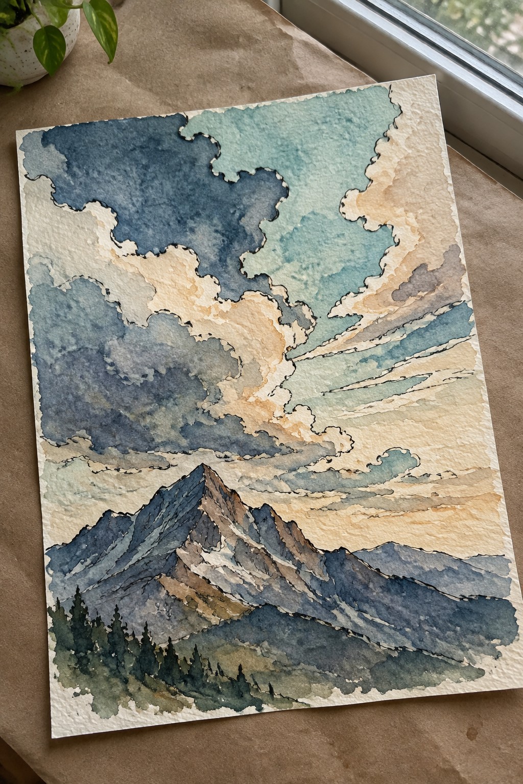 Watercolor mountain landscape with dramatic blue-orange clouds, sun rays, and pine trees.