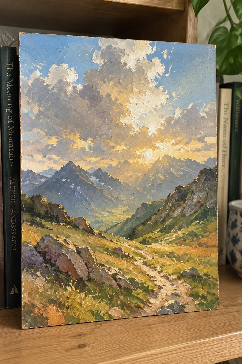 Oil painting of sunlit mountain valley with path and clouds on wooden shelf beside books