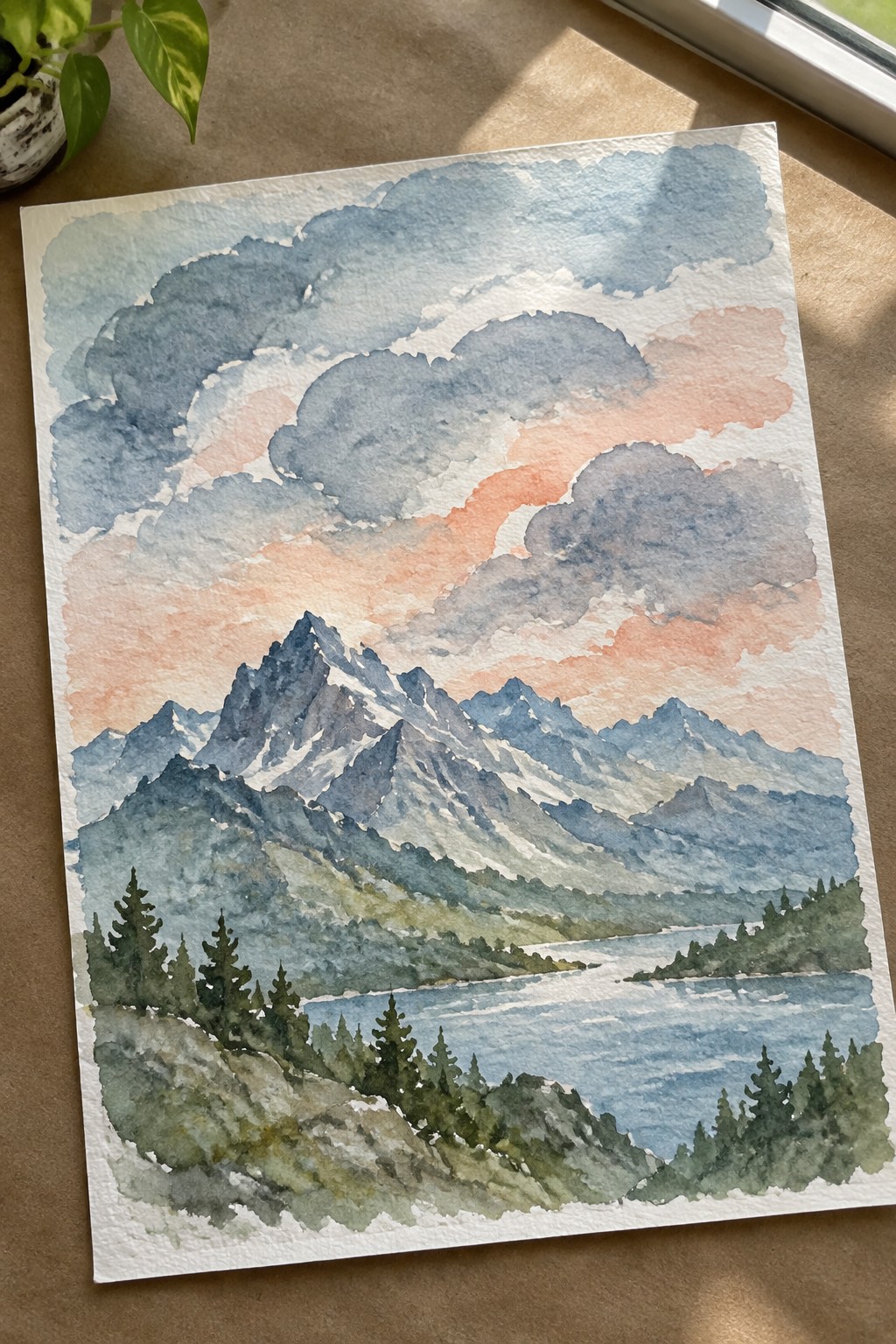 Watercolor painting of jagged mountains by a lake under vibrant sunset clouds