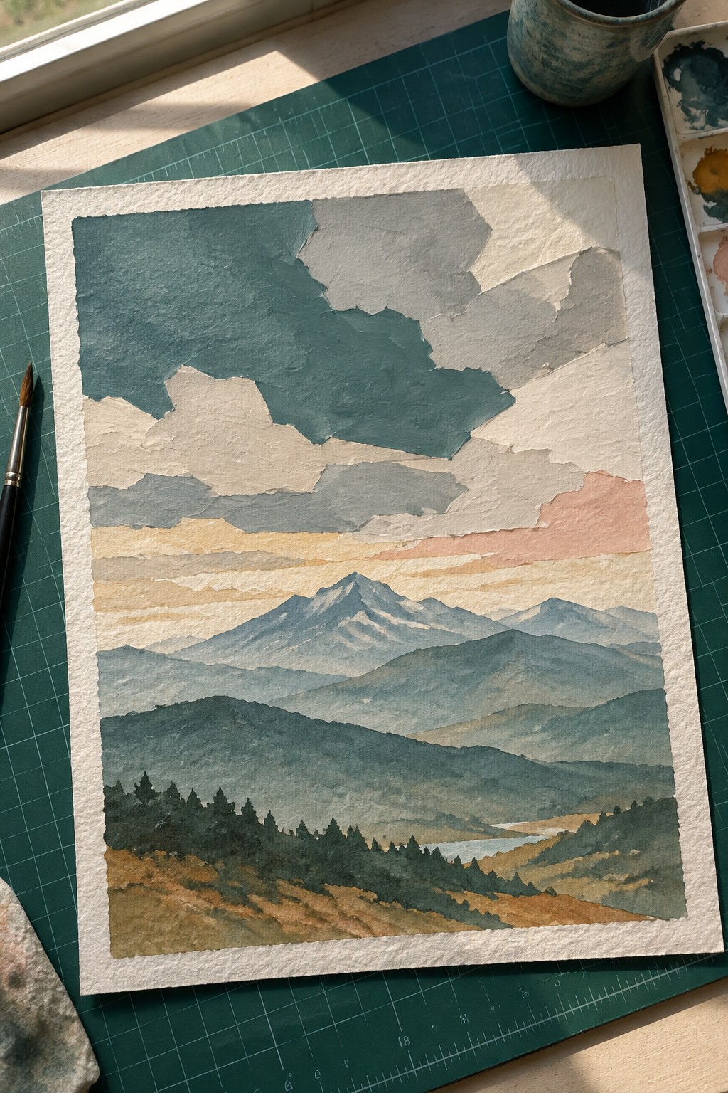Watercolor mountain landscape painting beside brush and palette on green cutting mat