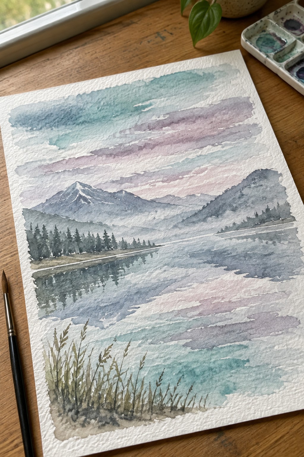 Watercolor painting of misty mountain lake with reflections beside paintbrush and palette on wood